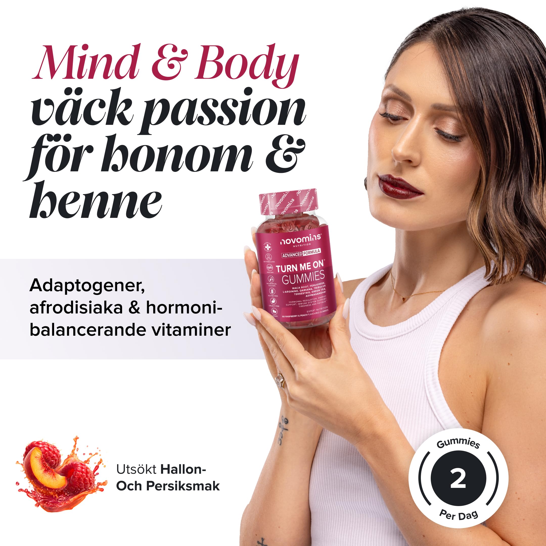 Libido Gominolas - Maca, Ashwagandha, L-Arginina, Tribulus Terrestris y Vitamina B6 - Libido para Mujer - Sin Gluten y Vegano - 60 Gominolas para Potencia y Energía - Turn Me On Gummies - Novomins