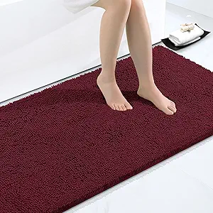 Smiry Luxury Chenille Bathroom Rugs 44x24, Extra Soft and Absorbent Shaggy Bath Mat, Machine Washable, Non-Slip Plush Carpet Runner for Tub, Shower, and Floor, Home Decor Accessories, Burgundy