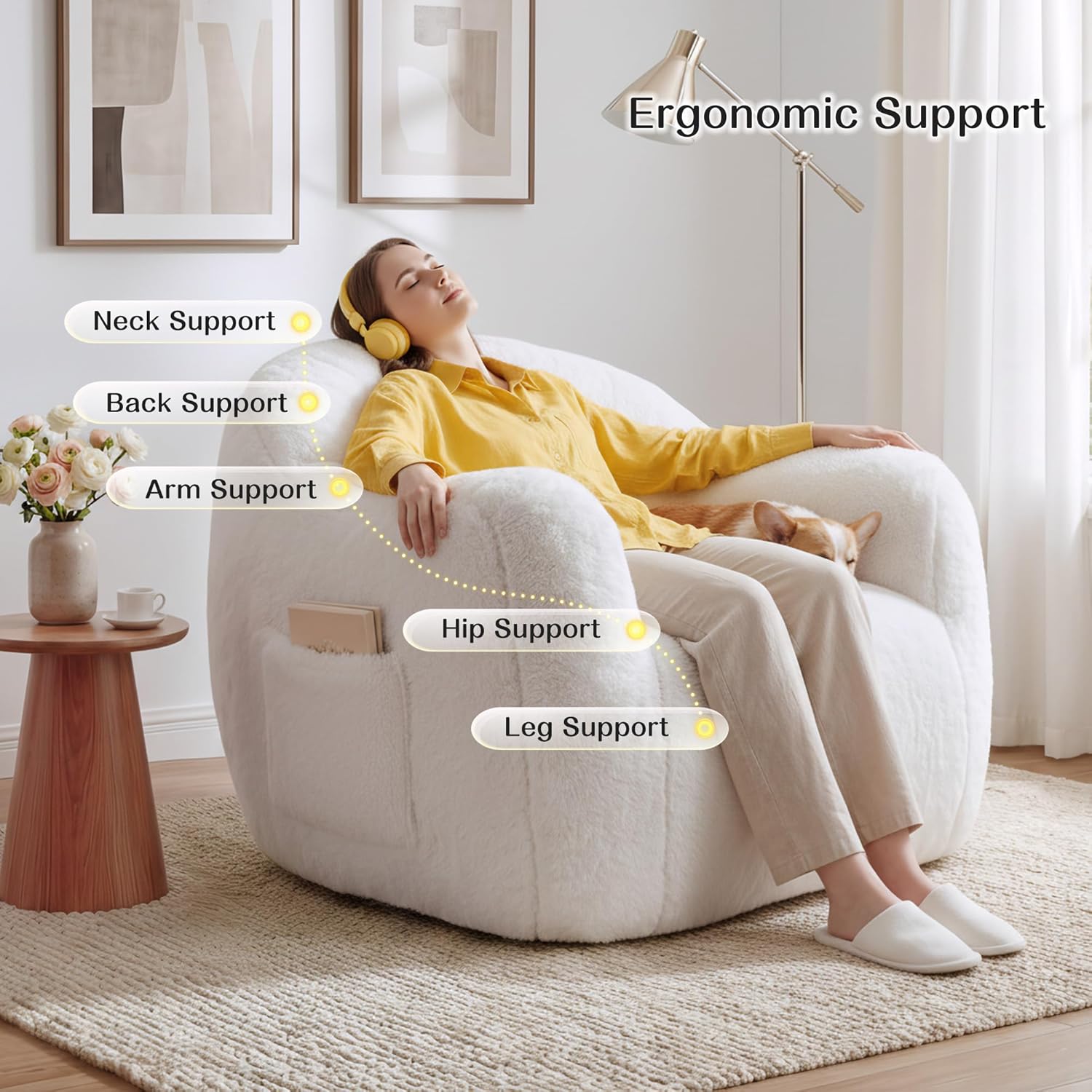Homkdom Giant Bean Bag Chair for Adults, Shell-Shaped Oversized Bean Bag Couch with Armrests & Side Pockets, Stuffed Floor Sofa for Reading, Playing & Relaxing, Beige