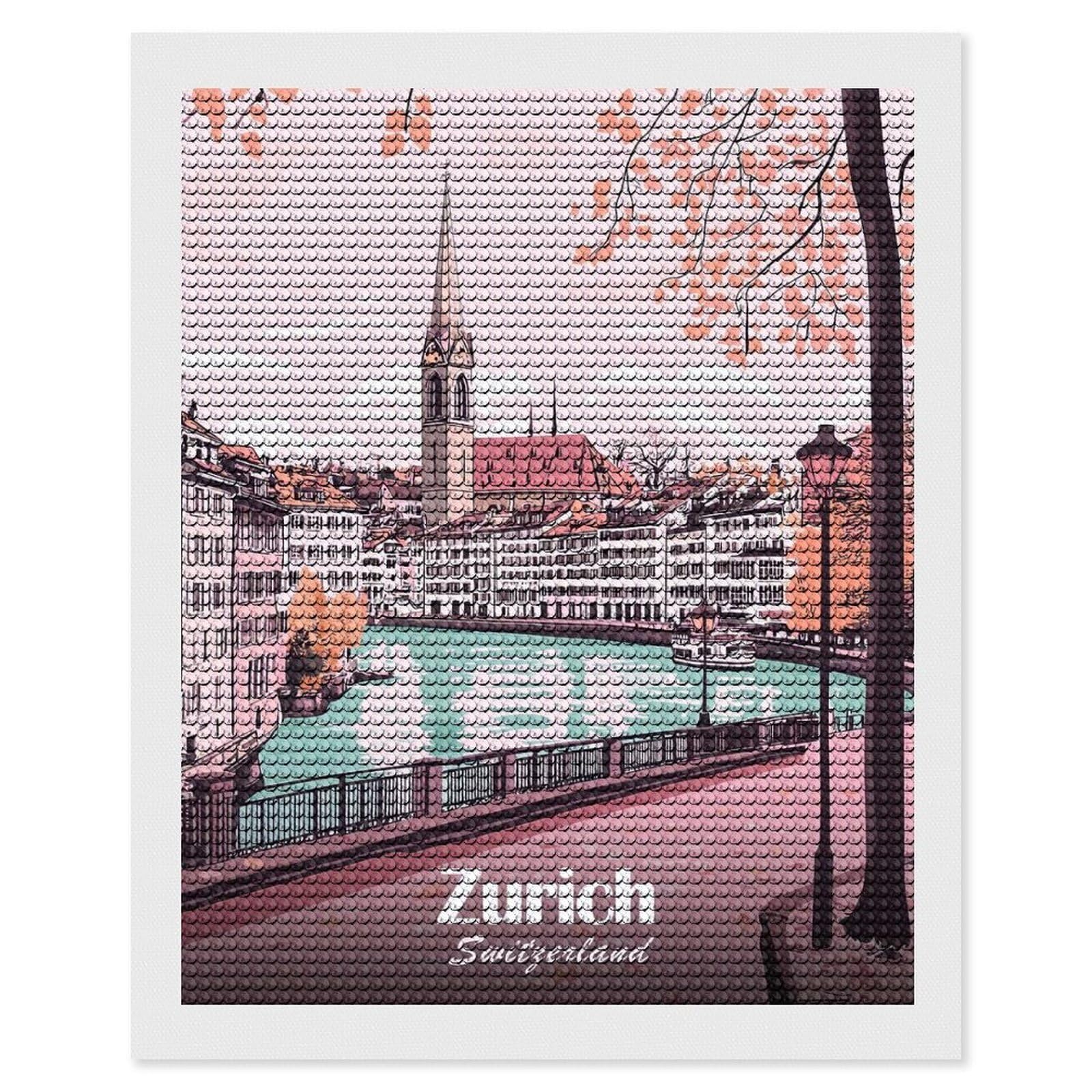 Junmoney Zurich Cityscape Illustration Diamond Art Kit 16"x20", Modern Decor, Farmhouse Decor, Home Wall Art, Festive Craft Gift, Handmade Wall Decor