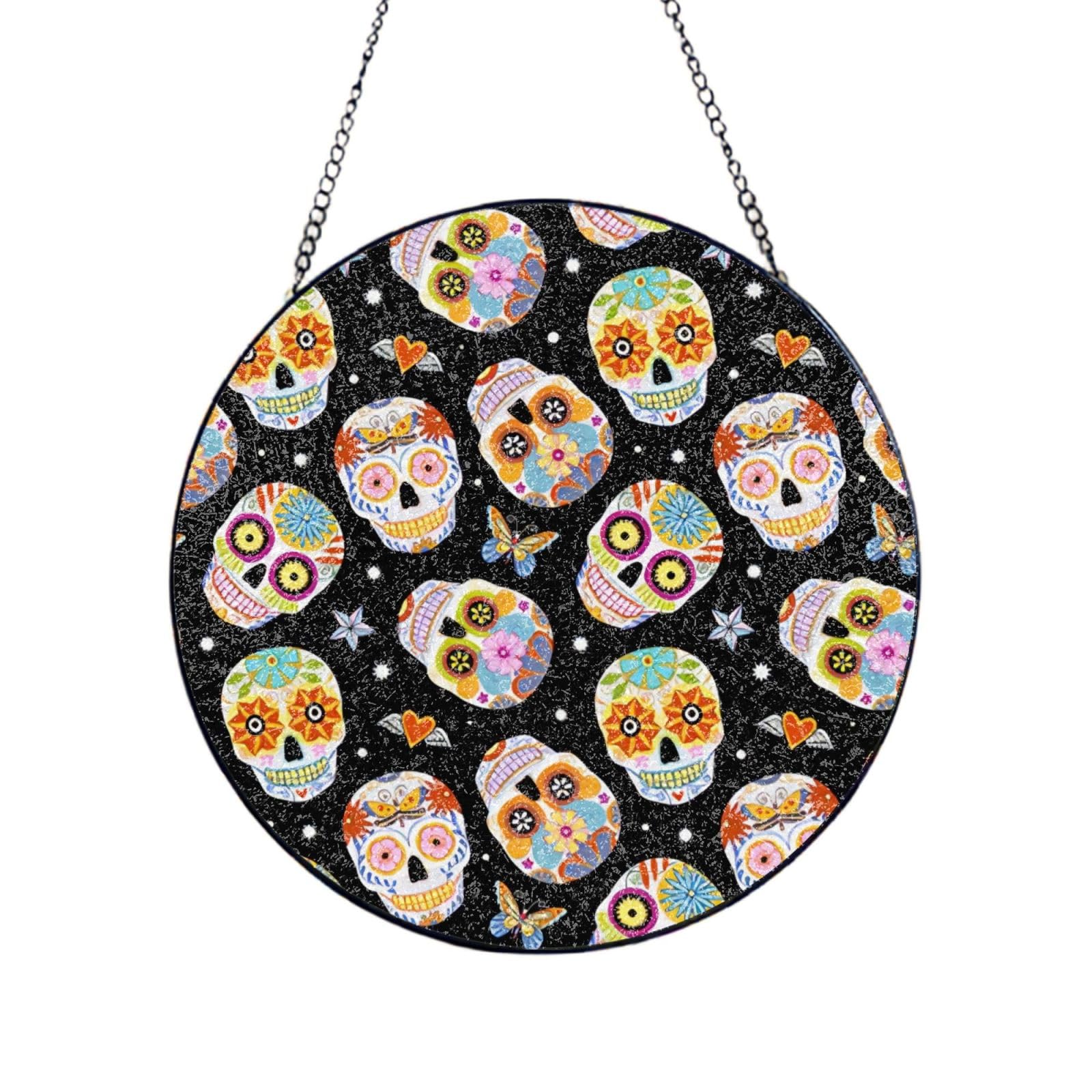 Phayah Sugar Skulls Butterfly Print Glass Window Hanging Sun Catchers Suncatcher Decor For Birthday For Home Garden Porch 6in（15cm）