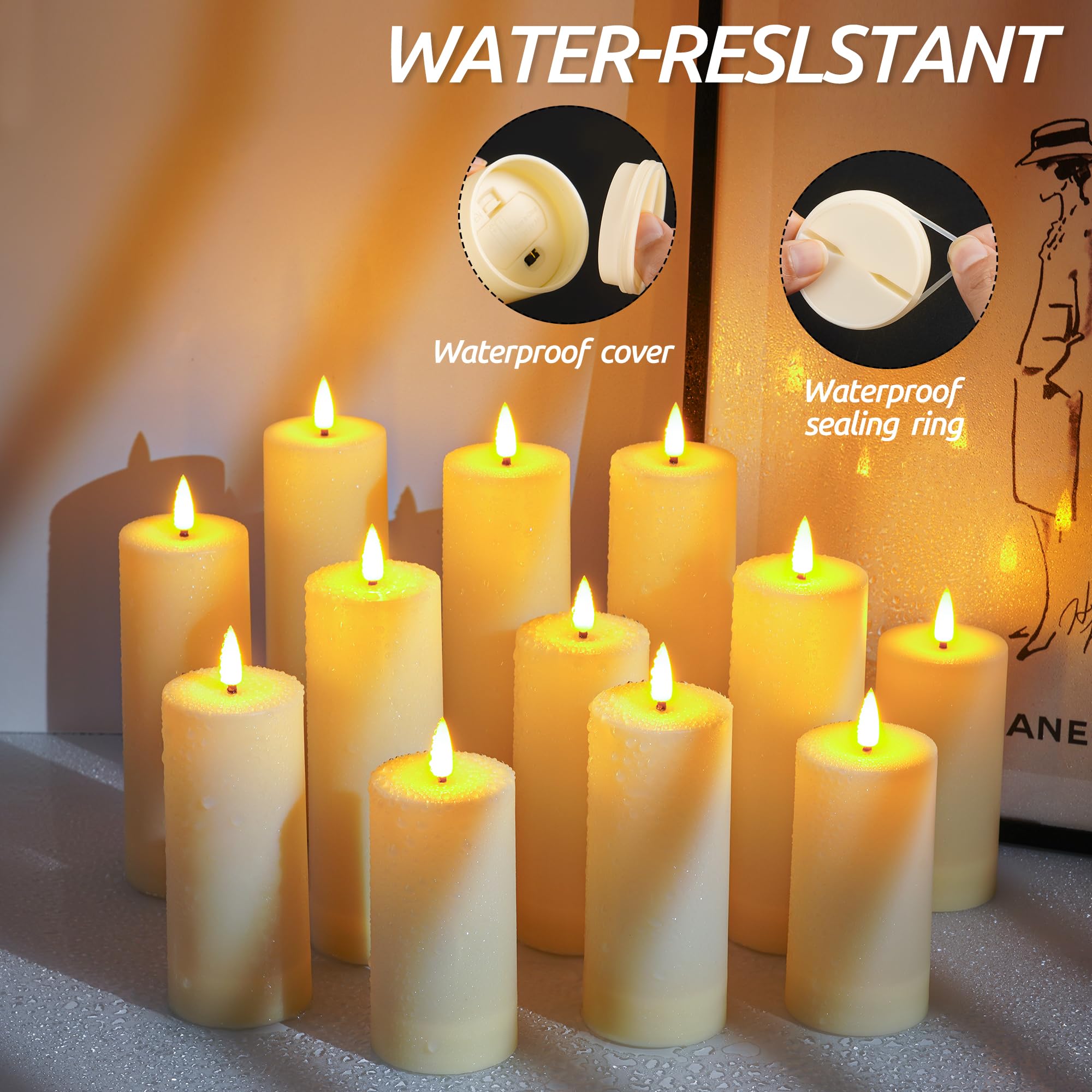 Da by 12 Pack Candela senza fiamma LED impermeabile per esterni con timer remoto, candela a colonna LED lampeggiante realistica per matrimoni, festival, decorazioni per esterni e casa'