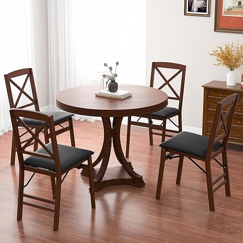 Miniatura 8 de KOTEK Juego de 2 sillas de comedor plegables, sillas de cocina de madera con asiento acolchado y respaldo en forma de X, sillas laterales plegables
