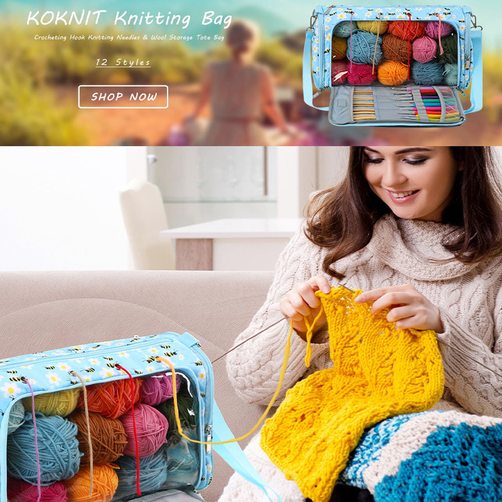 Knitting Bag Backpack, Crochet Bag Tote, Yarn Organizer With USB Charging Port - View #5
