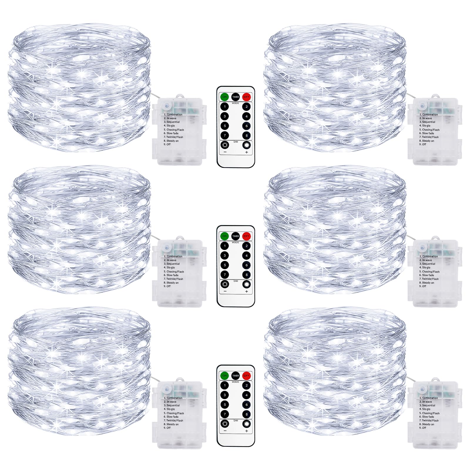 litogo 6 unidades 10 m 100 LED cadena de luces con batería con mando a distancia, cadena de luces con temporizador, 8 modos, IP65, impermeable, cadena de luces para exterior e interior