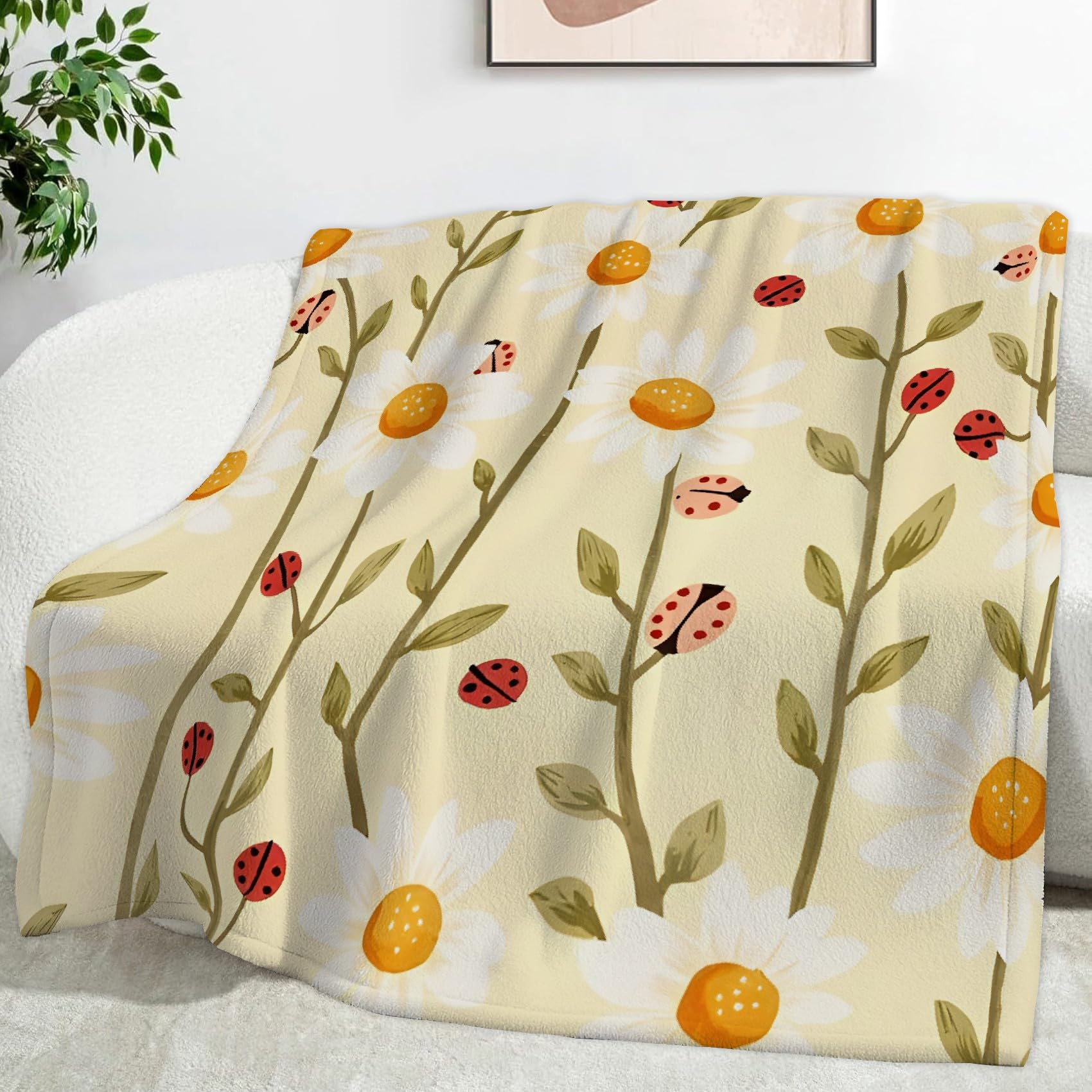 Ypthriline Chrysanthemum and Ladybug Blanket, Retro Pattern Microfiber Flannel Throw Blanket, Comfortable Soft Fluffy and Warm, Blankets for Beds, Sofas and Recliners, 220×240 CM