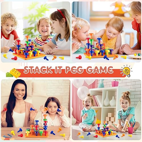 Miniatura 4 de Shappy Tablero de clavijas para niños pequeños, 120 clavijas con 4 tablas de espuma, 4 juegos Montessori coloridos apilables, juguetes educativos de
