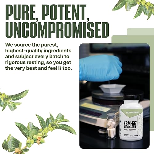 Miniatura 8 de NutraBio Ashwagandha KSM-66 Suplemento de hierbas Ashwagandha para el estrés, el estado de ánimo y el rendimiento 600 MG de KSM66 clínicamente