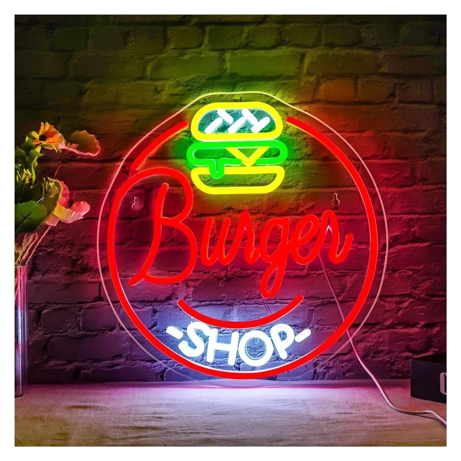Shouxi One Color Sign Lamp Burger Shop Neon Sign Hamburger Led Light Dimmable For Restaurant Food Shop Pub Bar Kitchen Wall Decor 44.2Cmx42.9cm