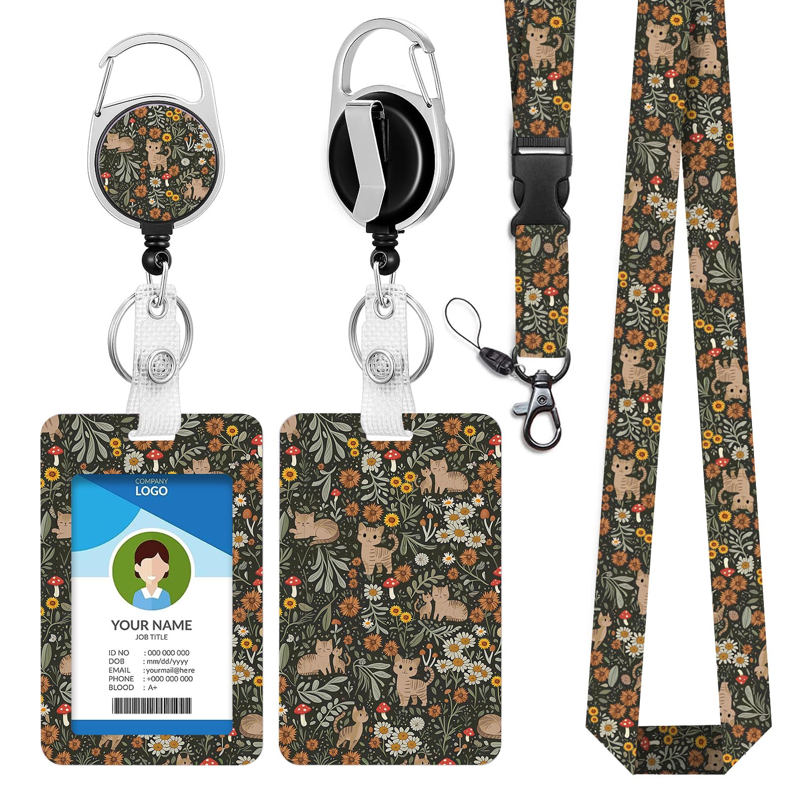 bolimoss Cute Cat Lanyards for Neck with Card Holder Retractable Badge Reel Clip, Vintage Daisy Sunflower Plastic ID Card Holder with Breakaway Neck Lanyard for Nurse Teacher Student Office — image 1