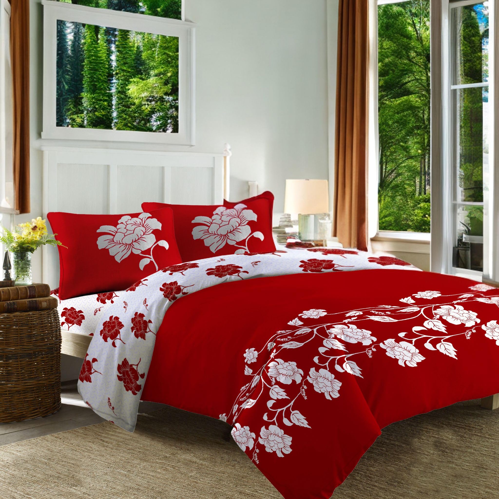WEAVERS: 4 PCS Luxury Bed Linen Collection - Easy-Care Fabric, and Premium Designs. Bedding set includes a Duvet Cover, Pillowcases and a Fitted Sheet. (Design - Rchmnd Red Size - Single)
