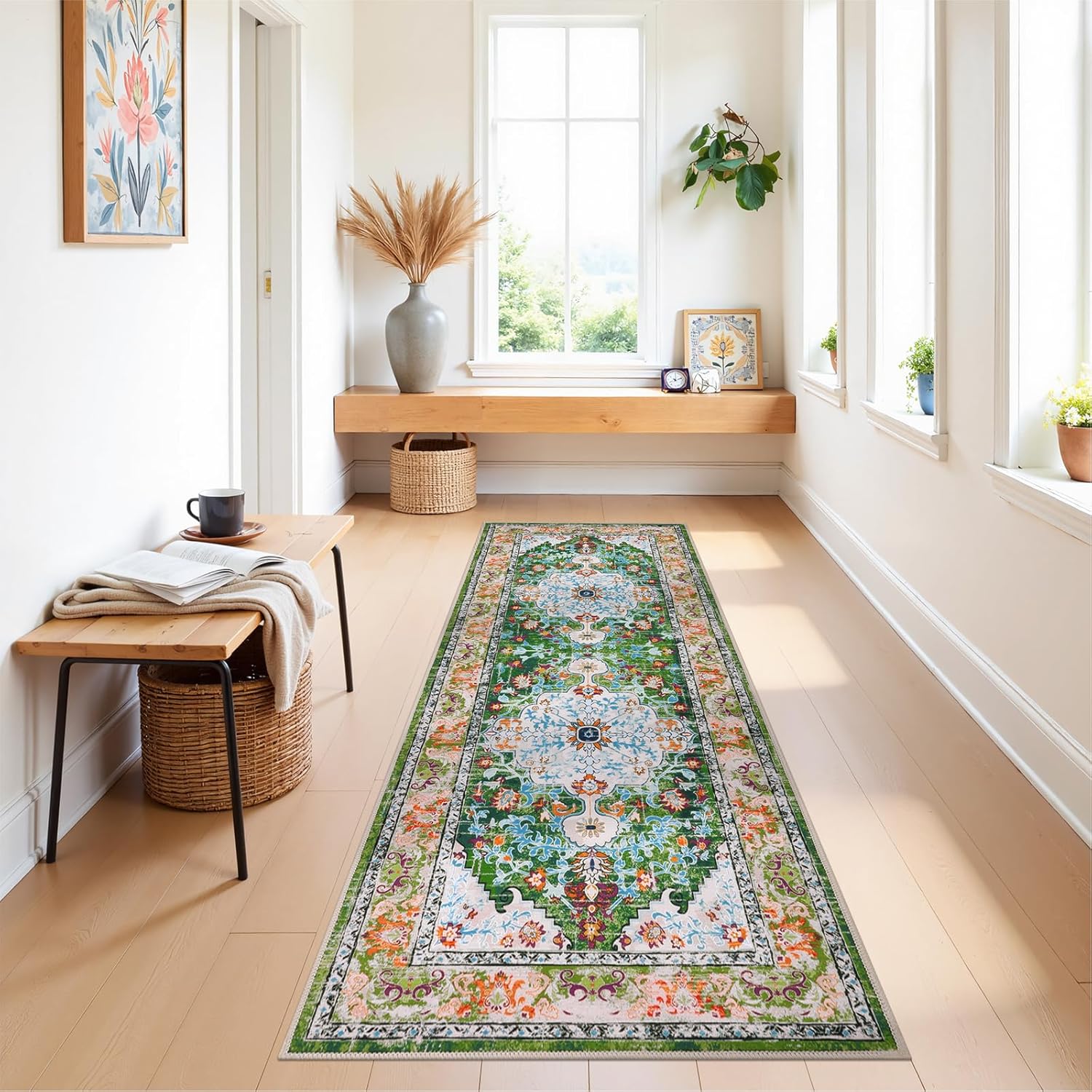 U'Artlines 2' x 6' Boho Hallway Runner Rug, Non Slip Washable Vintage Farmhouse Kitchen Rug Accent Area Carpet for Entryway Laundry and Living Room (Green) - Image 5