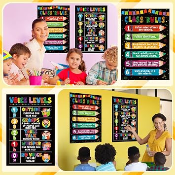 AmazingSpark 2 Pack Classroom Rules Poster, Voice Level Chart 16. 5 x 11. 2 Colorful Educational Poster for Classroom Decorations Elementary Preschool Middle School Back to School Teacher Supplies