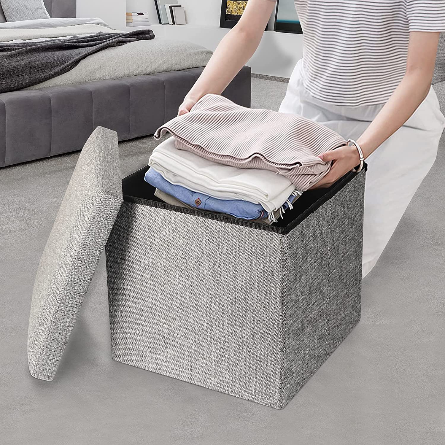 Storage Ottoman Cube Folding Ottomans Foot Rest Stool Seat Foldable Storage Ottoman Square Stool Seat Padded with Lid Stool Chair for Folding Chair 38 X 38 X 38cm Grey (Grey-38 * 38 * 38 cm)