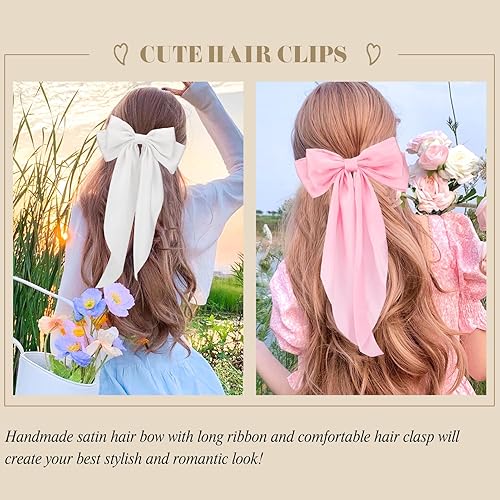 Miniatura 10 de 4 lazos para el cabello para mujer, lazos grandes para el cabello, lazos de satén sedoso negro, cintas para el cabello blanco y rosa, lazos para el