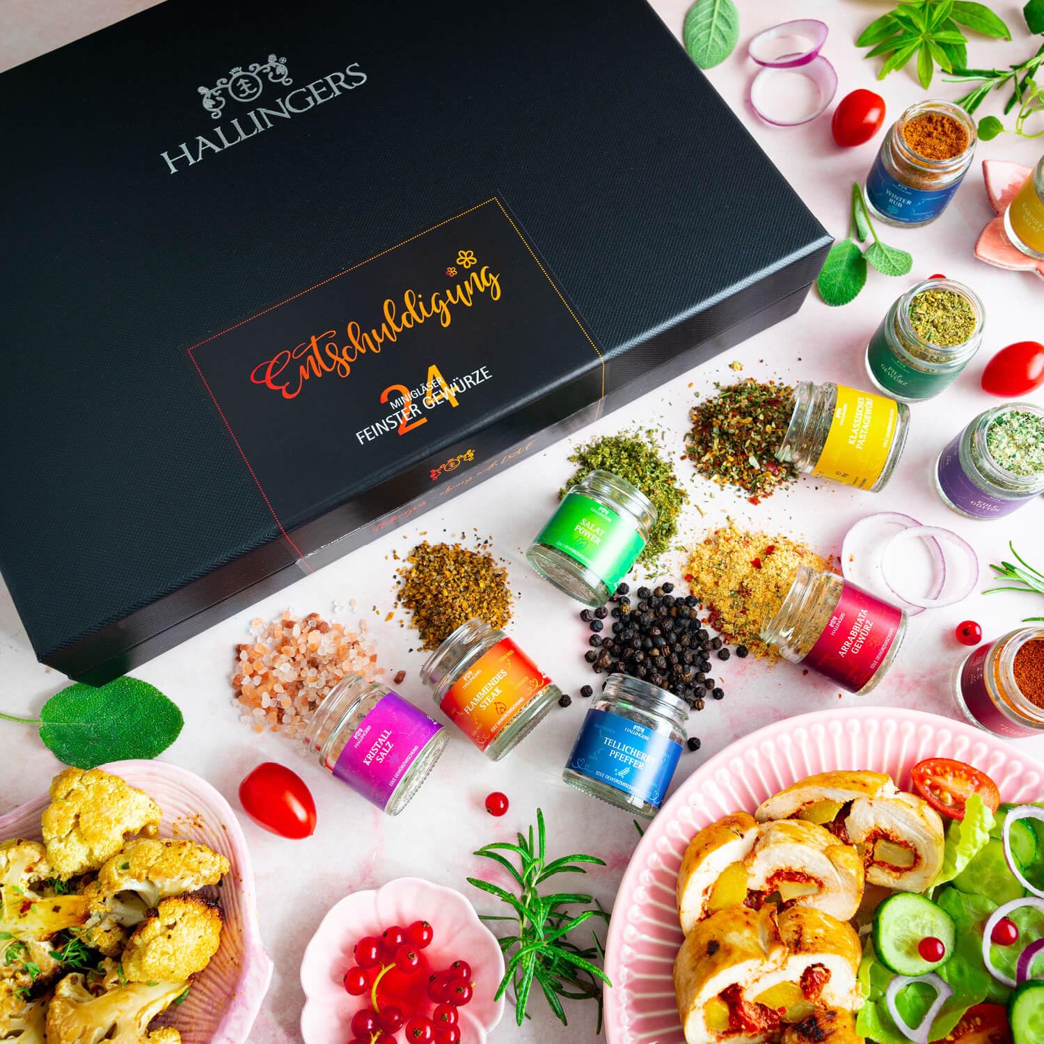Hallingers Genuss Manufaktur Gewürz Geschenk-Set - 24 Gewürze aus aller Welt in wertiger Geschenkbox mit Rezept-Booklet "Entschuldigung", Geschenkidee für Frauen Männer