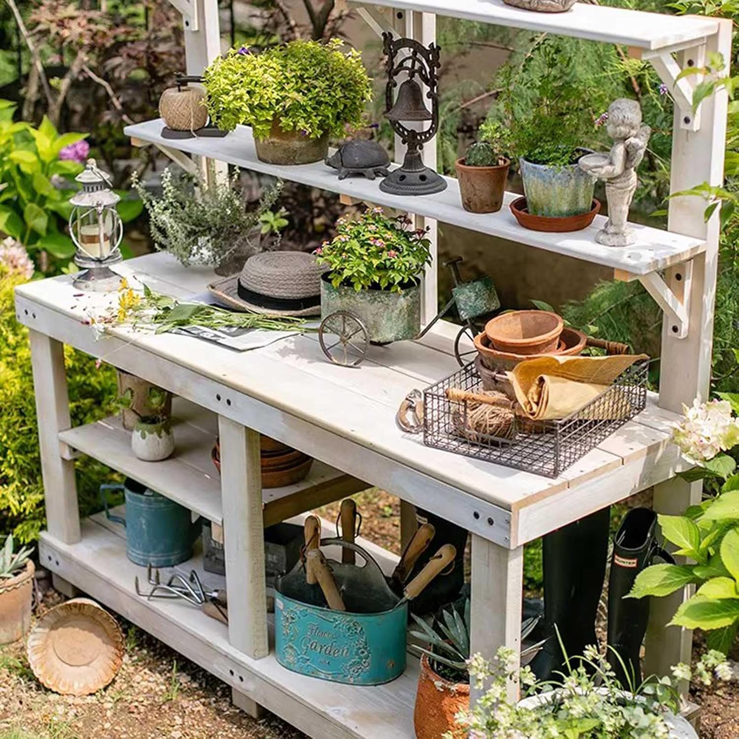 Potting Bench Garden Table for Outdoors Planting Work Bench Natural Wood Multifunctional Storage Shelf Garden