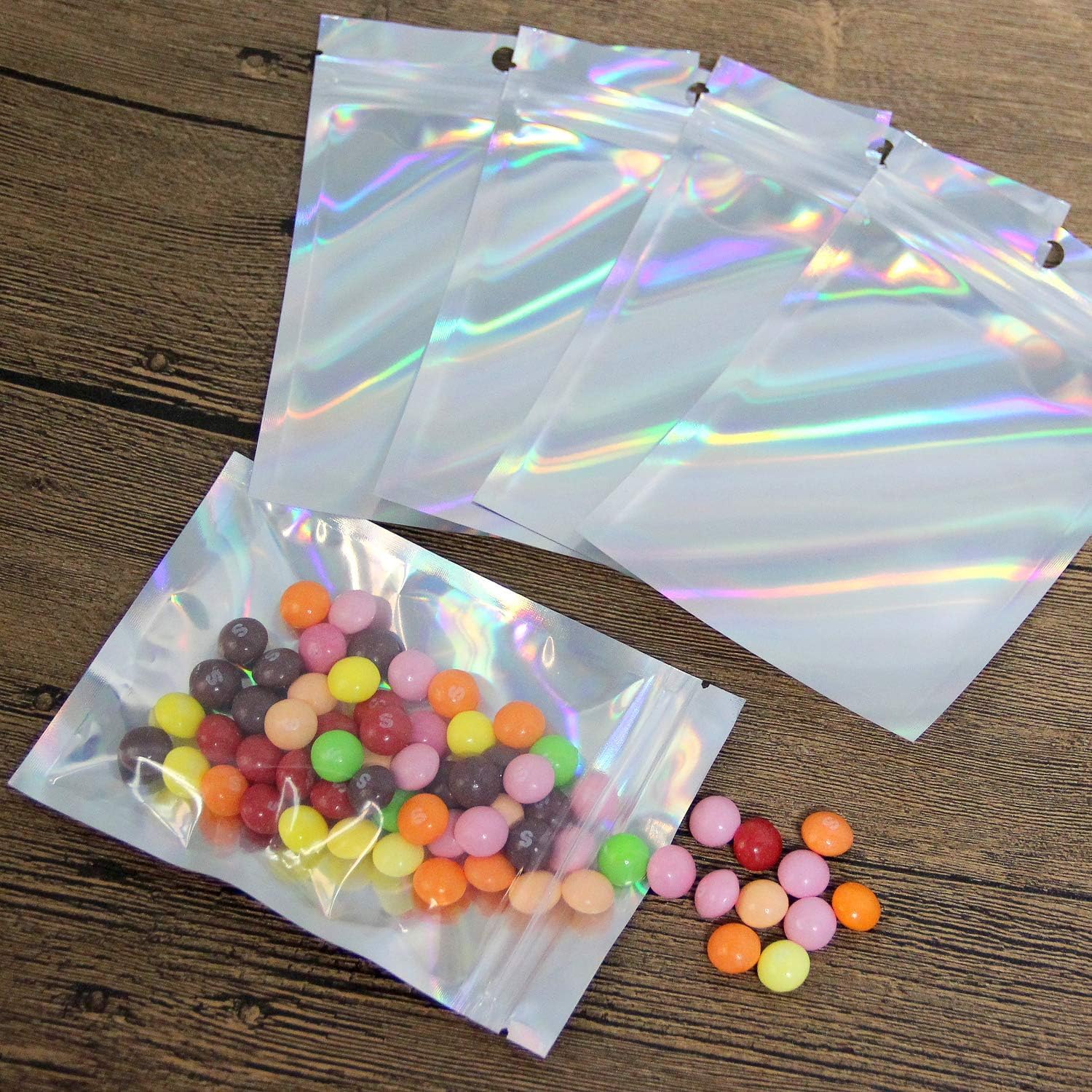 Lot de 100 sachets refermables en mylar - Couleur holographique - Fermeture à glissière - Pour rangement polyvalent - 16,3 x 24,4 cm