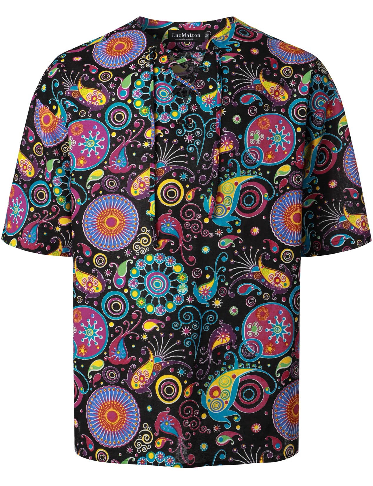 LucMattonMen's Cotton Linen Retro Ethnic Style Loose Fit Lace-up V-Neck Half Sleeve Shirts for Beach,70s Matching