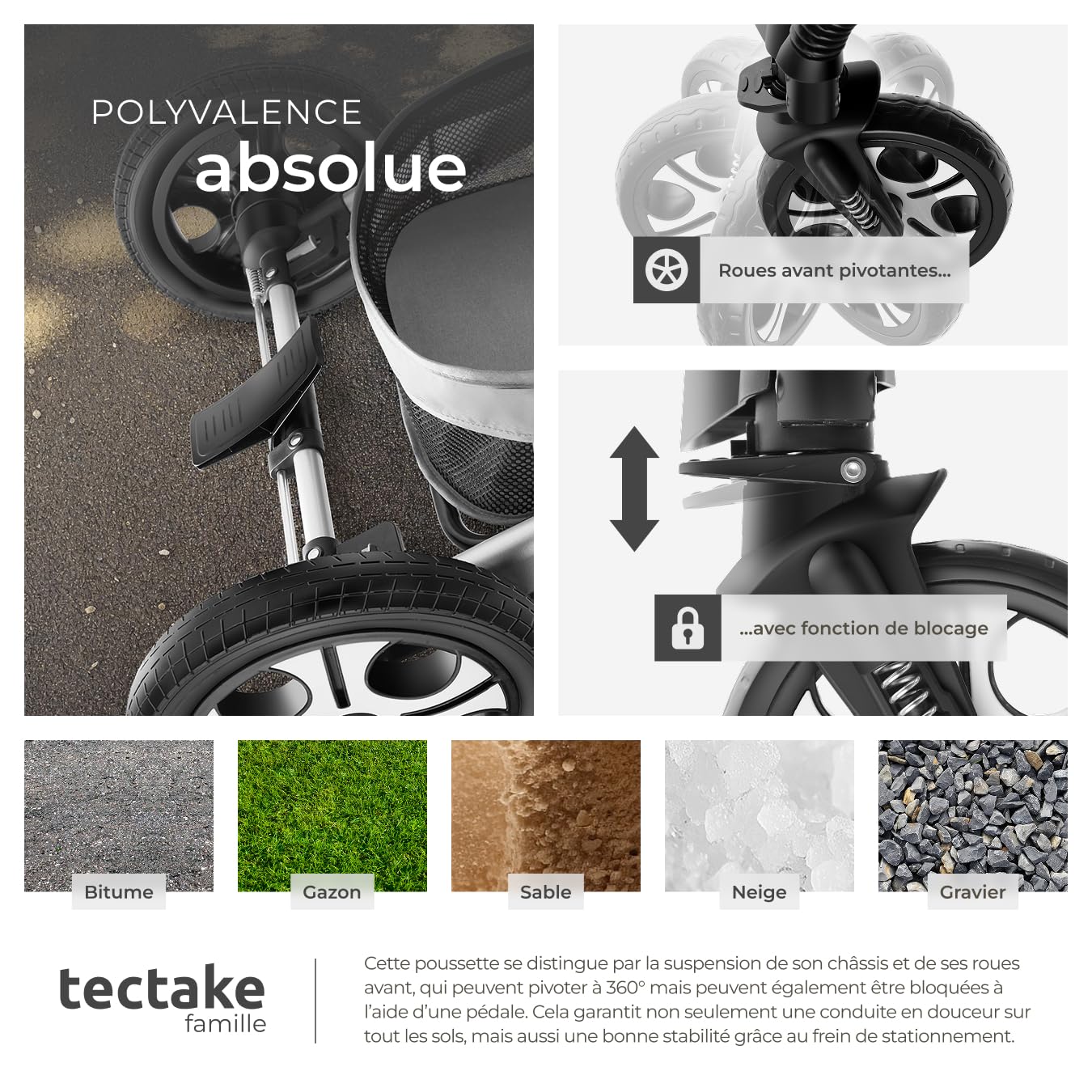 Tectake Poussette combinée pliable 0-36 mois nacelle siège sport harnais 5 points compacte voyage
