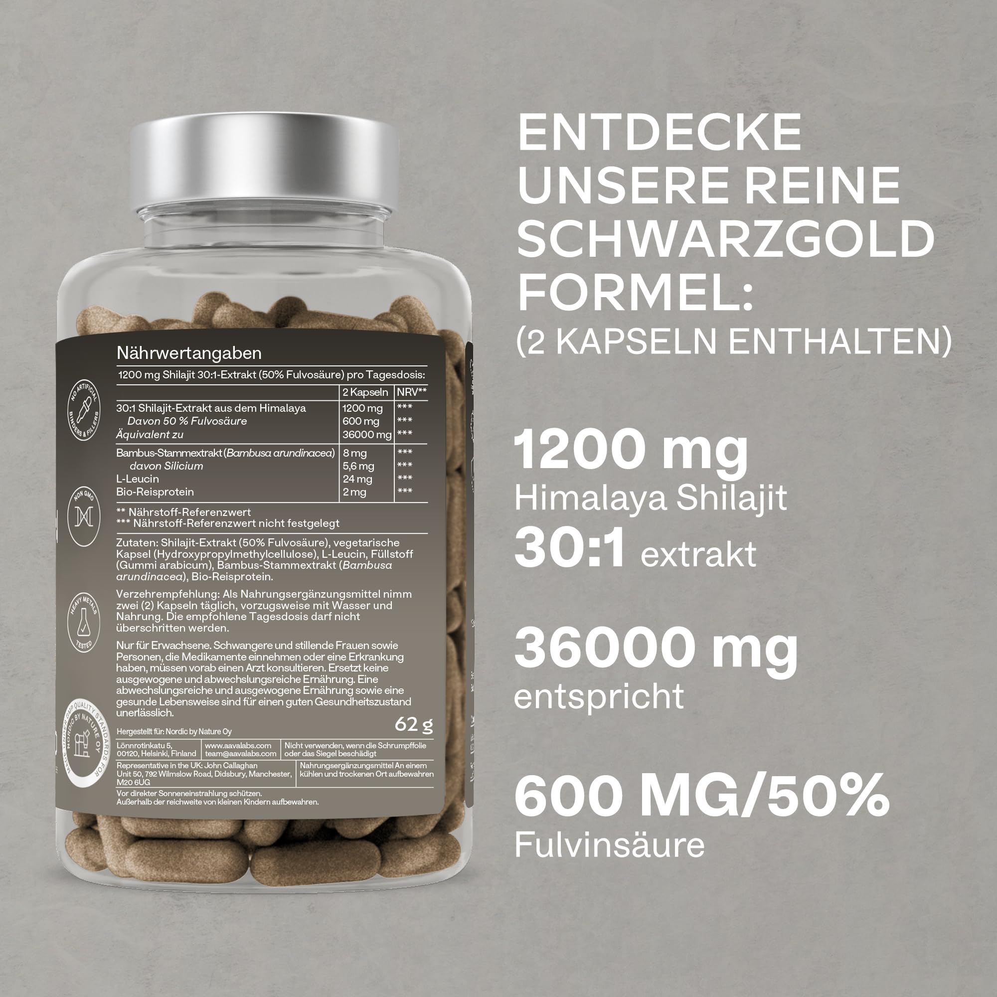 Pure Himalayan Shilajit Kapseln Hochdosiert 36000mg 30:1 Extrakt 50% Fulvinsäure & Huminsäure - Mumijo Shilajit Original Himalaya - Energie & Immunität - 90 Kapseln Vegan & Laborgeprüft