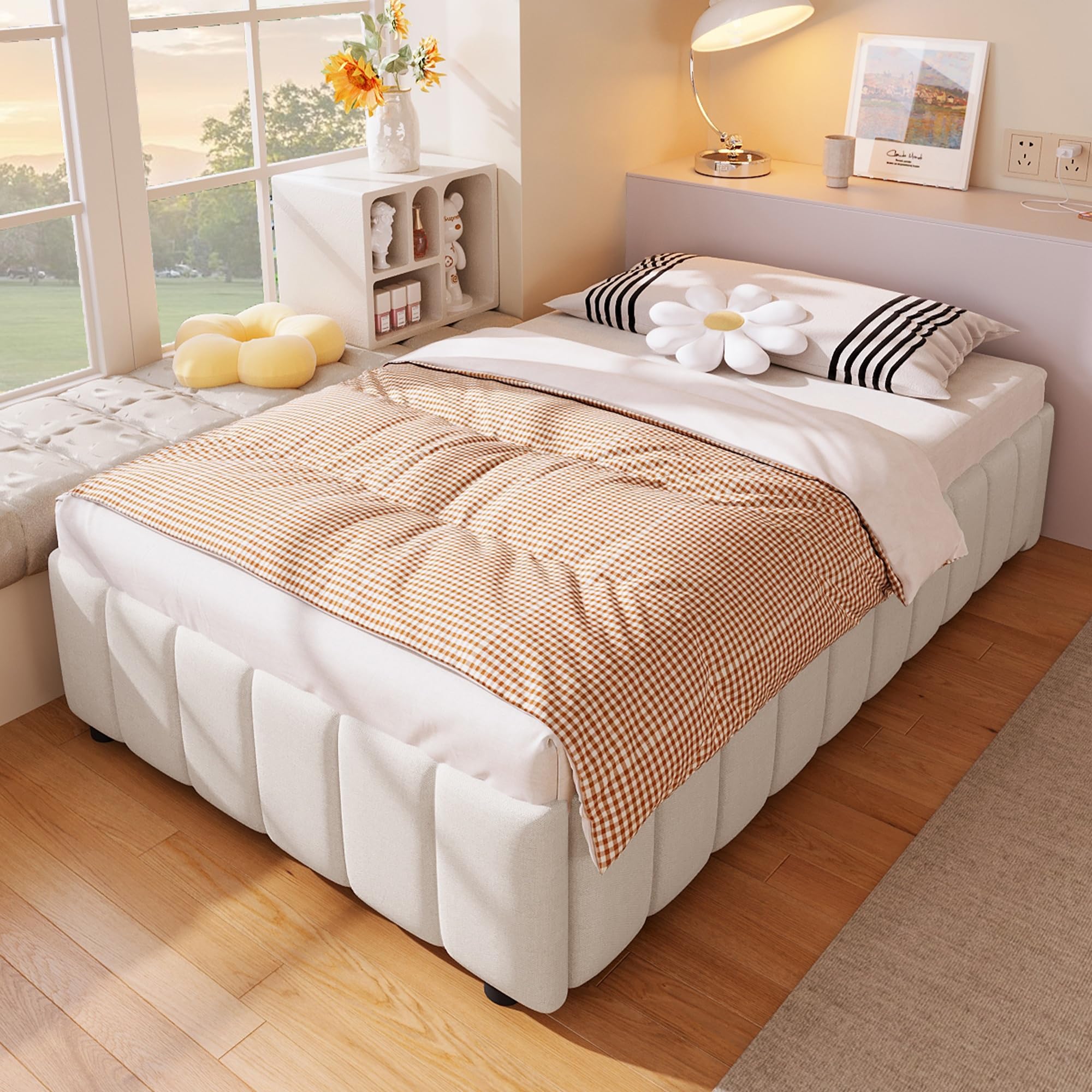 Cama tapizada con almacenamiento hidráulico, 90 x 200 cm, sin cabecero, sin colchón, beige, lino, MDF