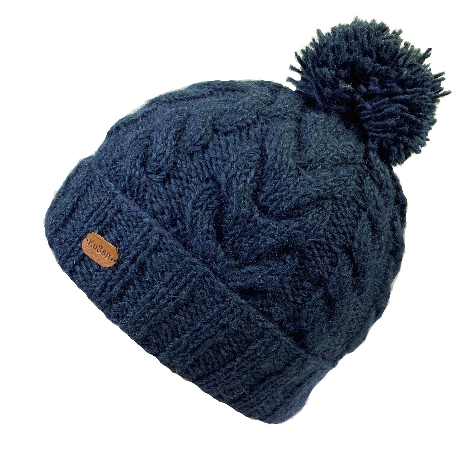 Kusan 100% Wool Cable Knit Bobble Beanie Hat (Unisex) (Navy Blue)