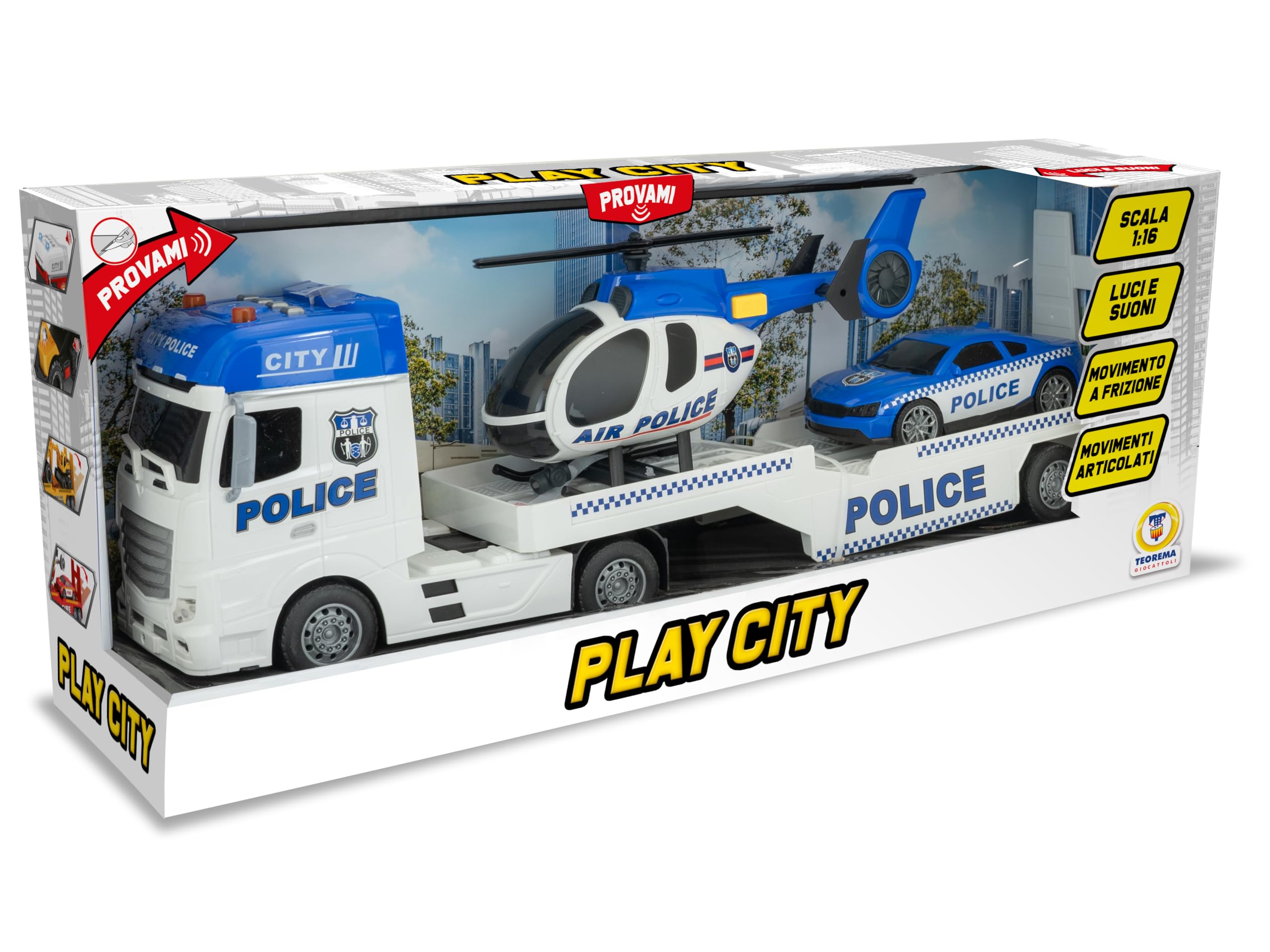 Teorema Giocattoli - Camión de Juguete para niños con helicóptero y Coche, Juego de vehículos con Luces y Sonidos, Movimiento de Embrague, Escala 1:16, Tema de policía
