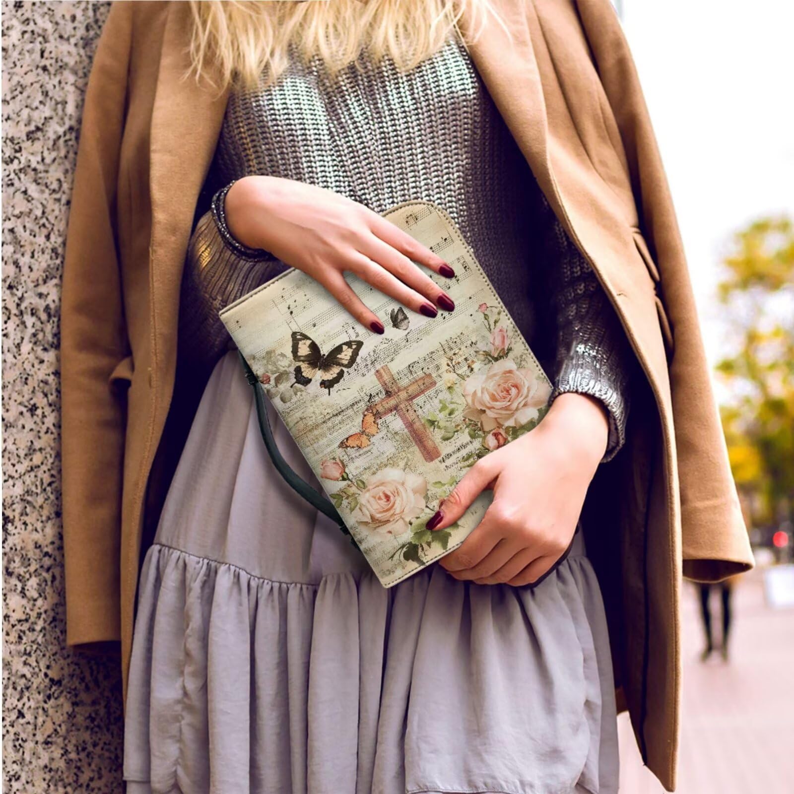 Funda de piel sintética con estampado de cruz de mariposa y rosa retro, bolsa para la Biblia con 2 marcapáginas y bolsillos con cremallera, funda de transporte para libros para estudio de