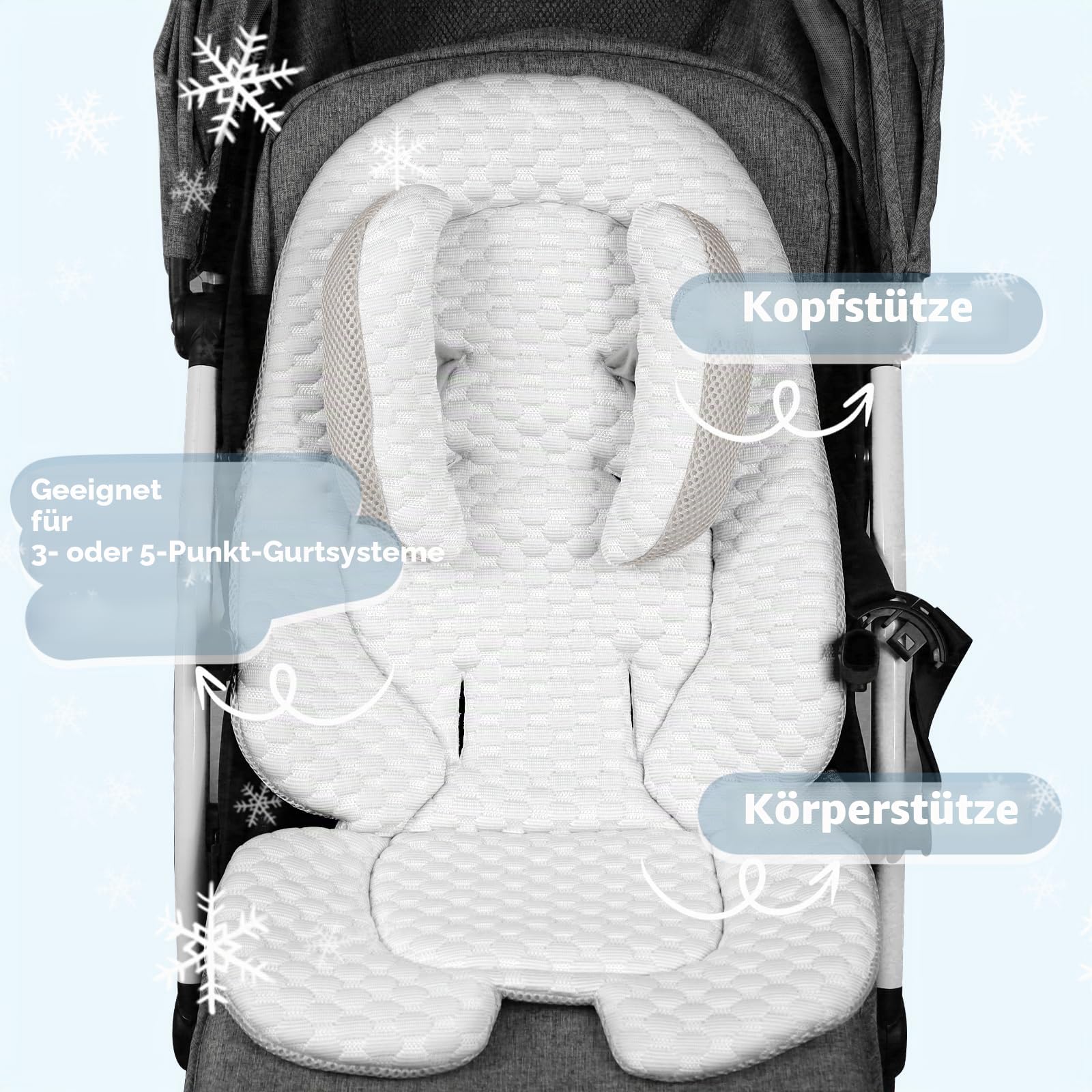 KAKIBLIN Baby-Kindersitz-Einsatz, Kühlkissen, Baby-Kopfstütze mit Kopfkissen, atmungsaktives Stoff-Kühlkissen, passend für Kinderwagen, Autositz, Hochstuhl, Stubenwagen, Schaukel (grau)