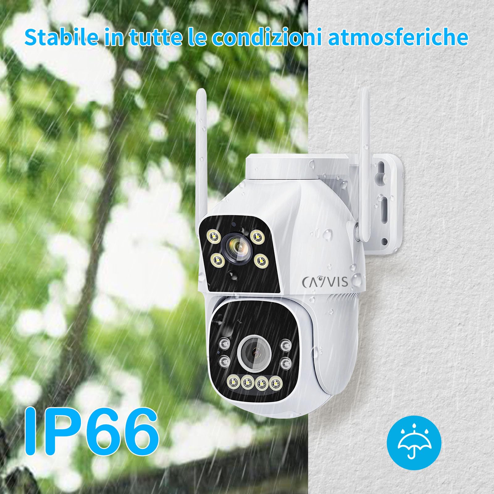 2MP+2MP Telecamera Wi-Fi Esterno, 2.4GHZ/5GHZ PTZ Videocamera Sorveglianza Esterno con Doppia Lente,FHD Tracciamento Automatico, Visione Notturna a Colori, Audio Bidirezionale, IP66 (Bianco)