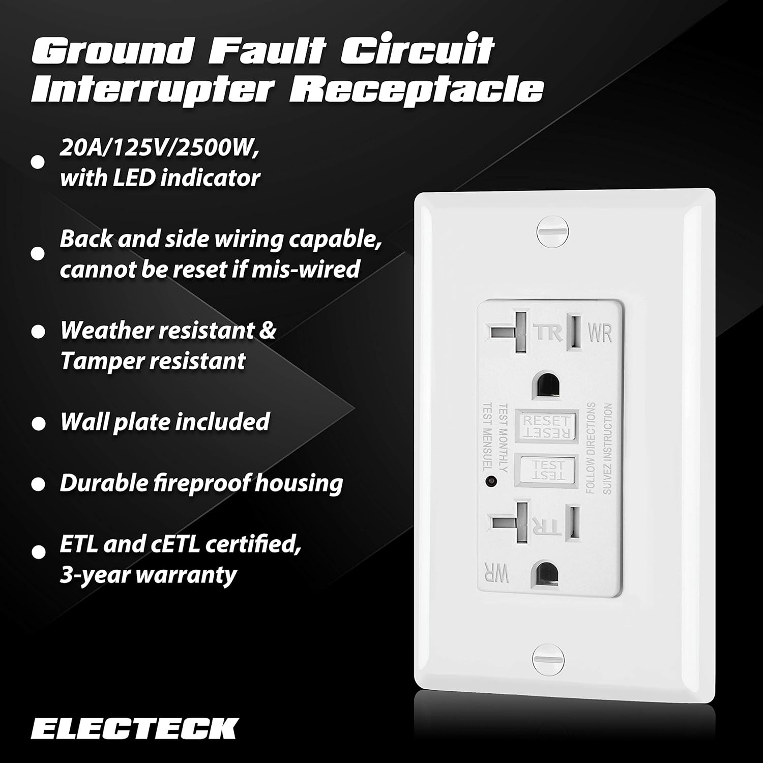 10 Pack – ELECTECK 20A GFCI Outlets, Weather Resistant (WR) Outdoor GFI with LED Indicator, Tamper Resistant (TR) Ground Fault Circuit Interrupter, Commercial and Residential Use, ETL Certified, White: Tools & Home Improvement