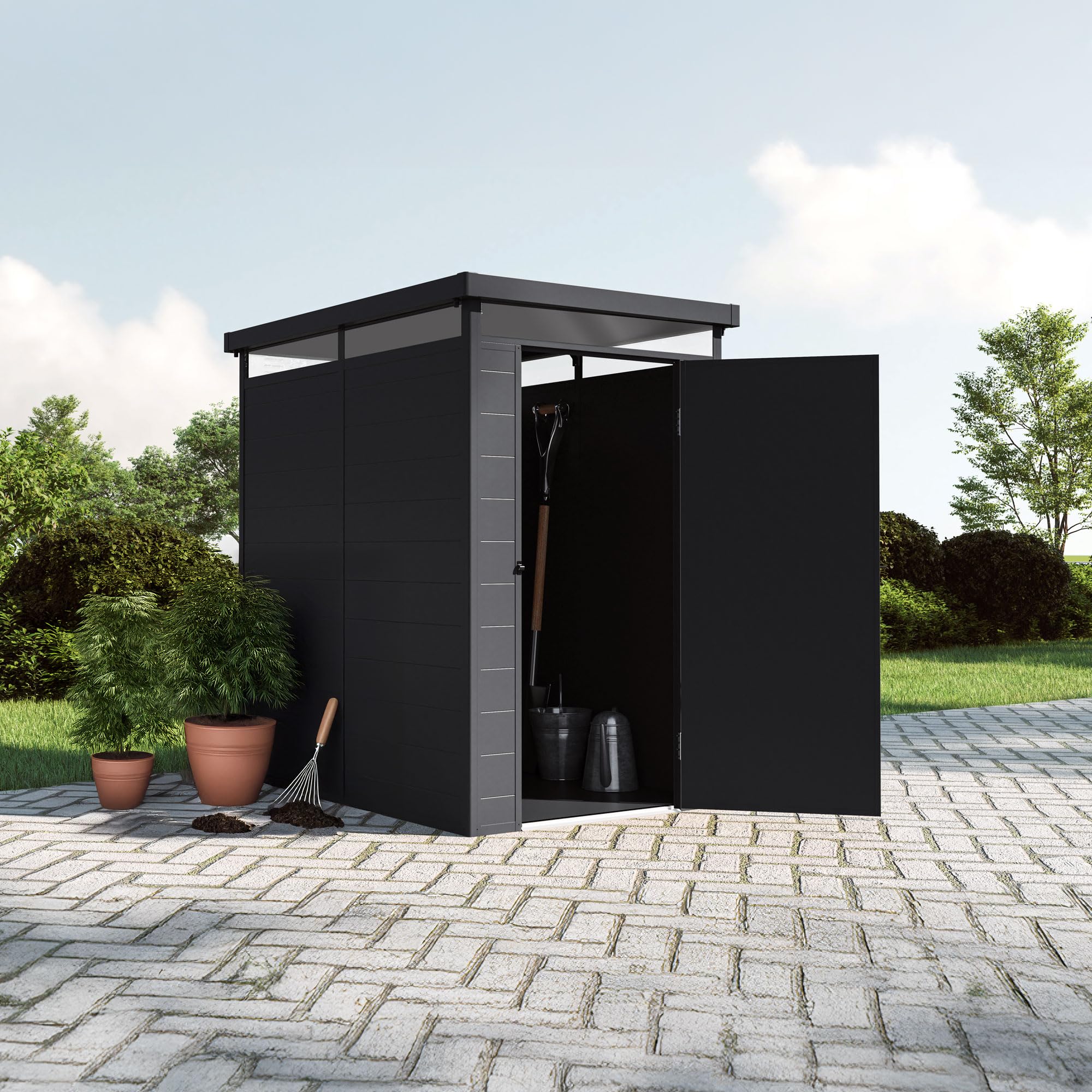Wasabi – Gartenhaus aus Kunstharz Terra – Dachfenster 360º – Verstärkte Struktur aus Aluminium und PVC – UV-Schutz – Wasserdicht – Anthrazitgrau - Außenschuppen 2,47m² – 131x190x196cm