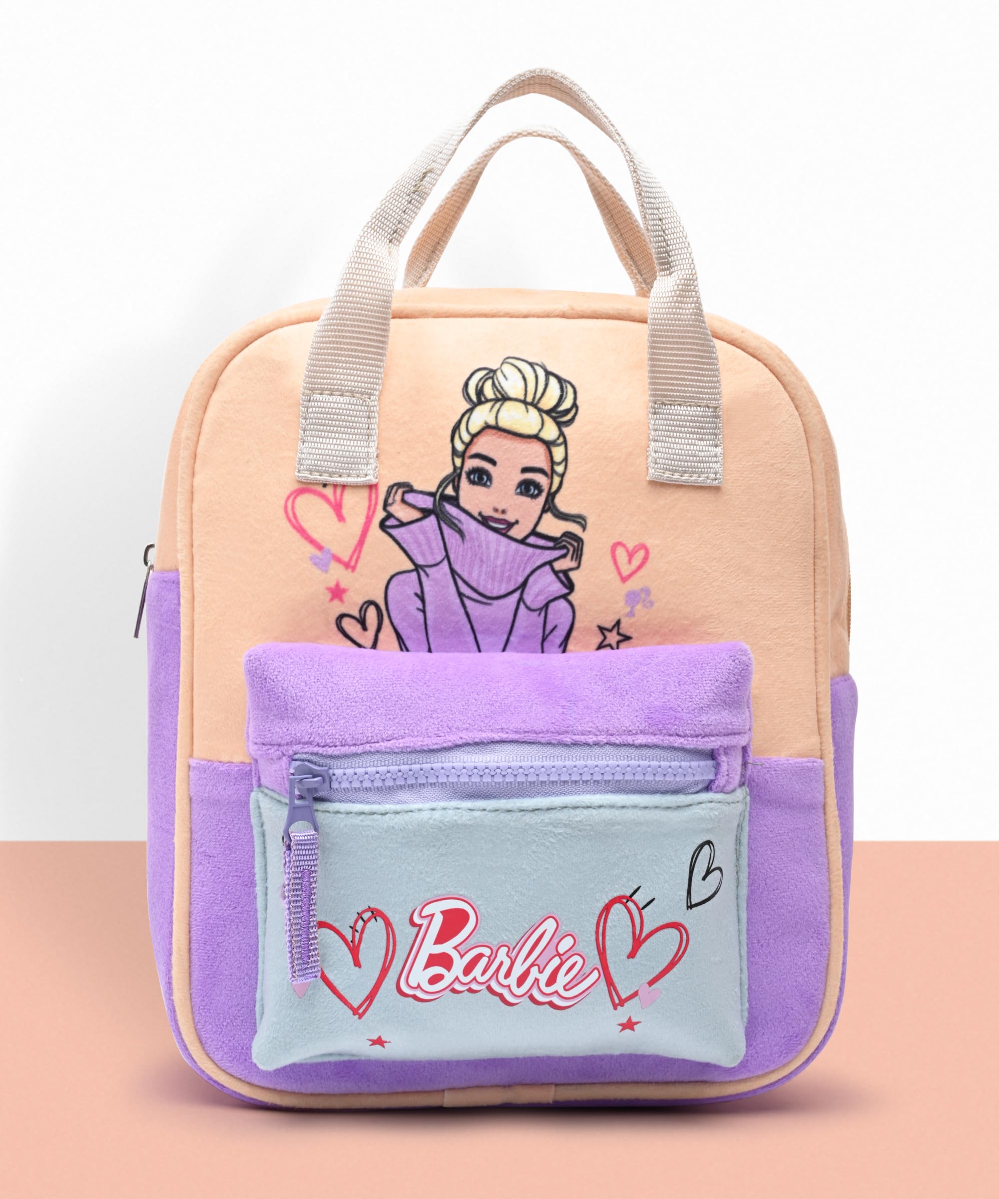 barbie ppi-bbag-002 plush bag peach and purple handbag, stylish bag for kids with zipper, anti-sweat air mesh cushion, easy grab handle, organized pocket, age 3+ years, purple