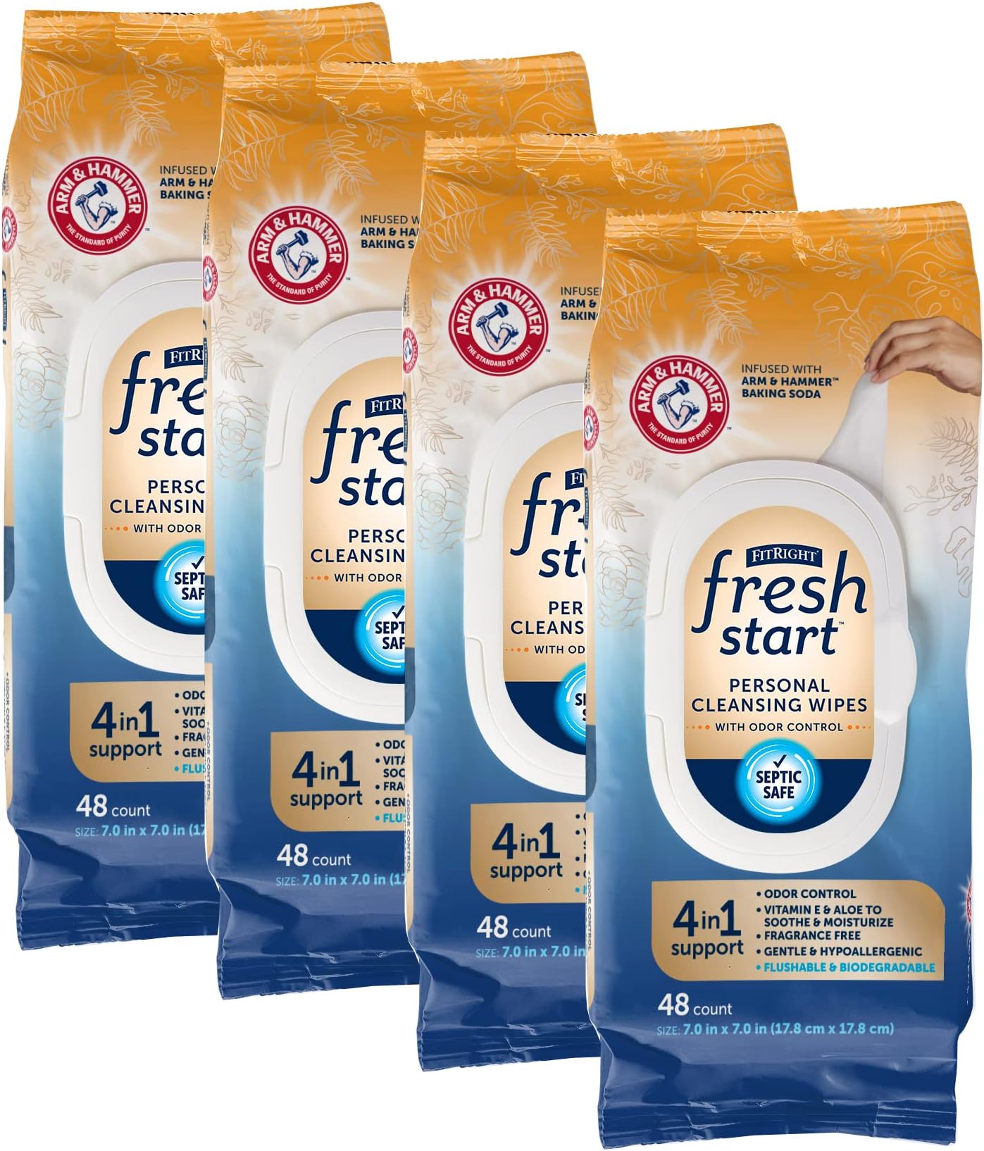 FitRight Fresh Start Flushable & Biodegradable Personal Cleansing Wipes, 192 Wipes (48 Wipes, 4 Packs), for Urinary Incontinence with The Odor-Control Power of ARM & HAMMER Baking Soda