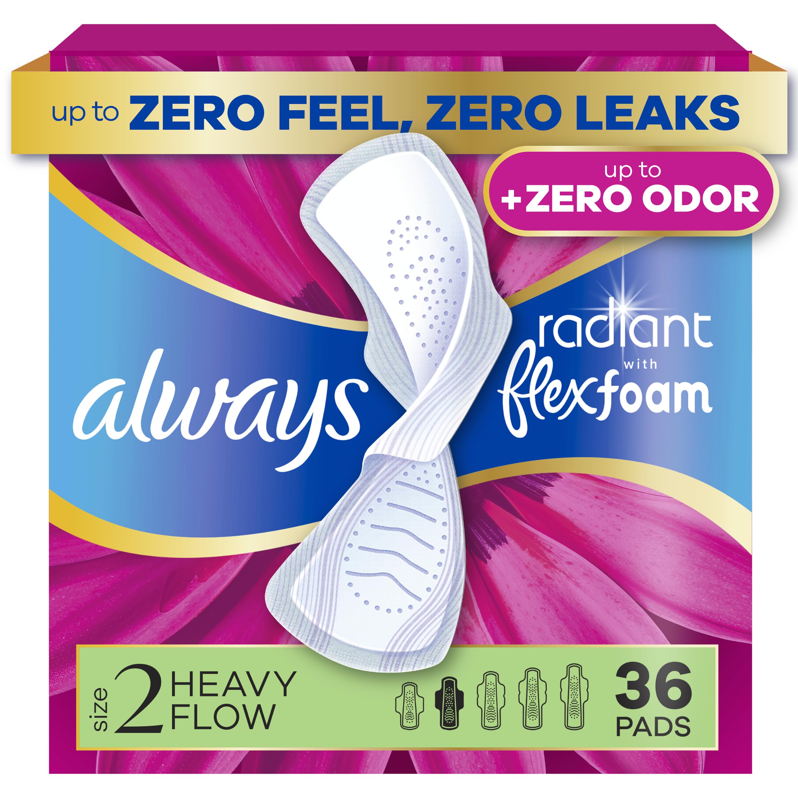 Always Radiant Feminine Pads for Women, Flexfoam Pads with Wings, Size 2, Heavy Absorbency, Lightly Scented, 36 Count