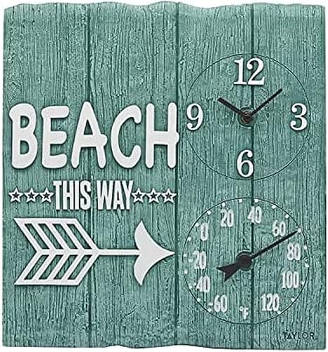 Taylor Precision Products, Beach This Way - Reloj y termómetro de poliresina para interiores y exteriores, 14 pulgadas, multicolor