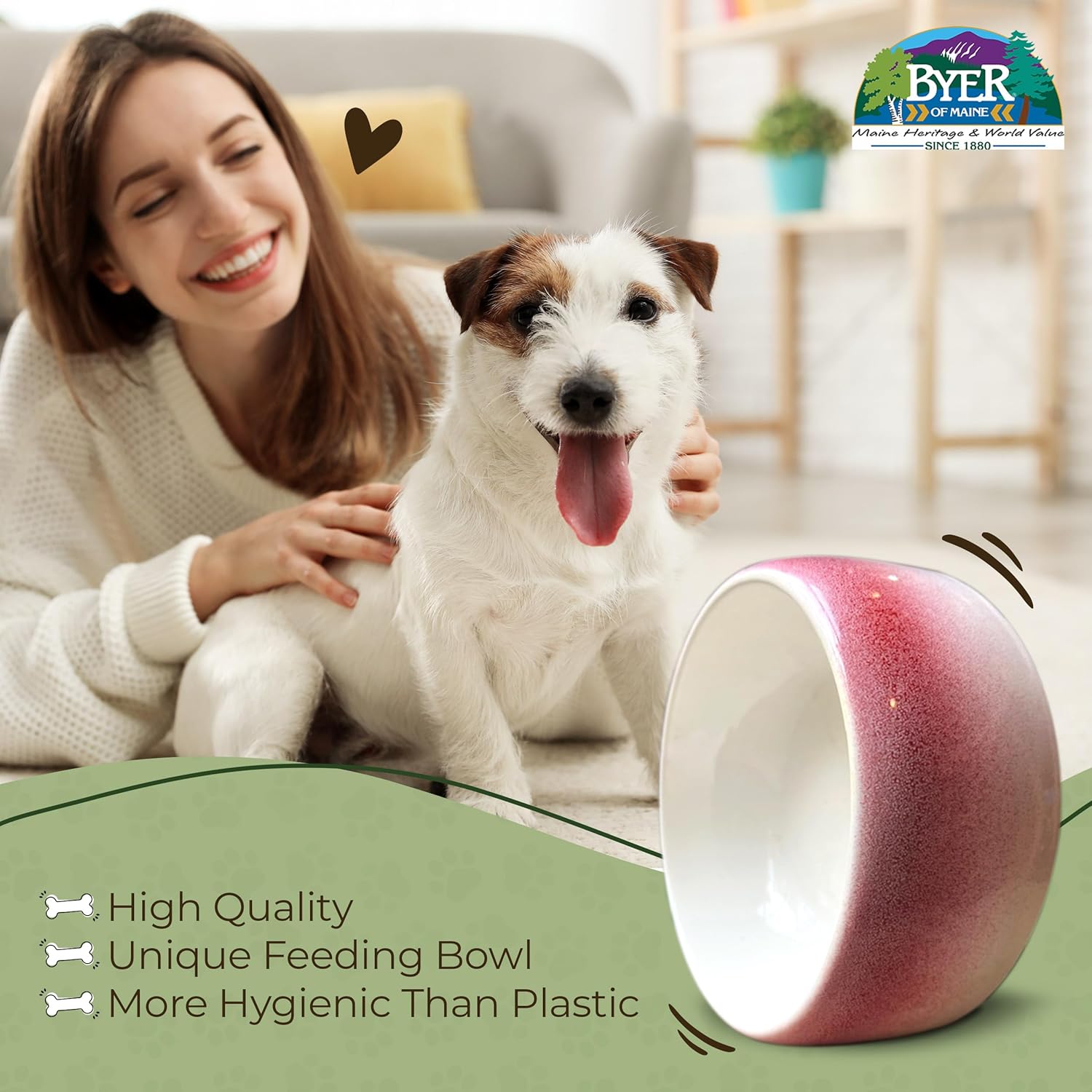 Byer of Maine Pet Bowl – High-Fired Porcelain Stoneware, Food-Grade Safe, Dishwasher Safe, Non-Slip Dog Bowl for Small Breeds in Roll Over Red
