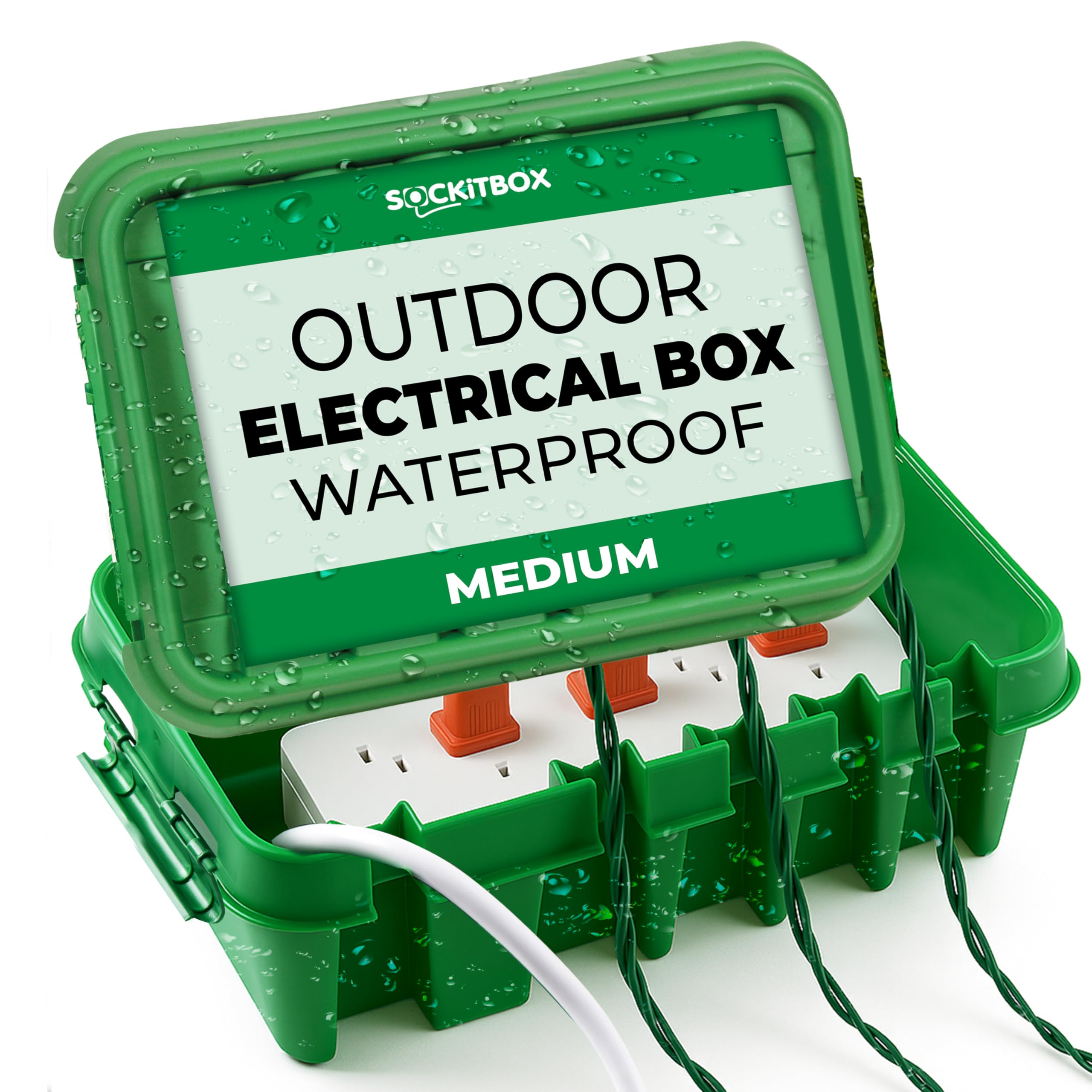 SockitBox – The Original Weatherproof Connection Box – Indoor & Outdoor Electrical Power Cord Enclosure for Timers, Extension Cables, Transformers, Power Strips, Lights, Tools & More – Medium – Green
