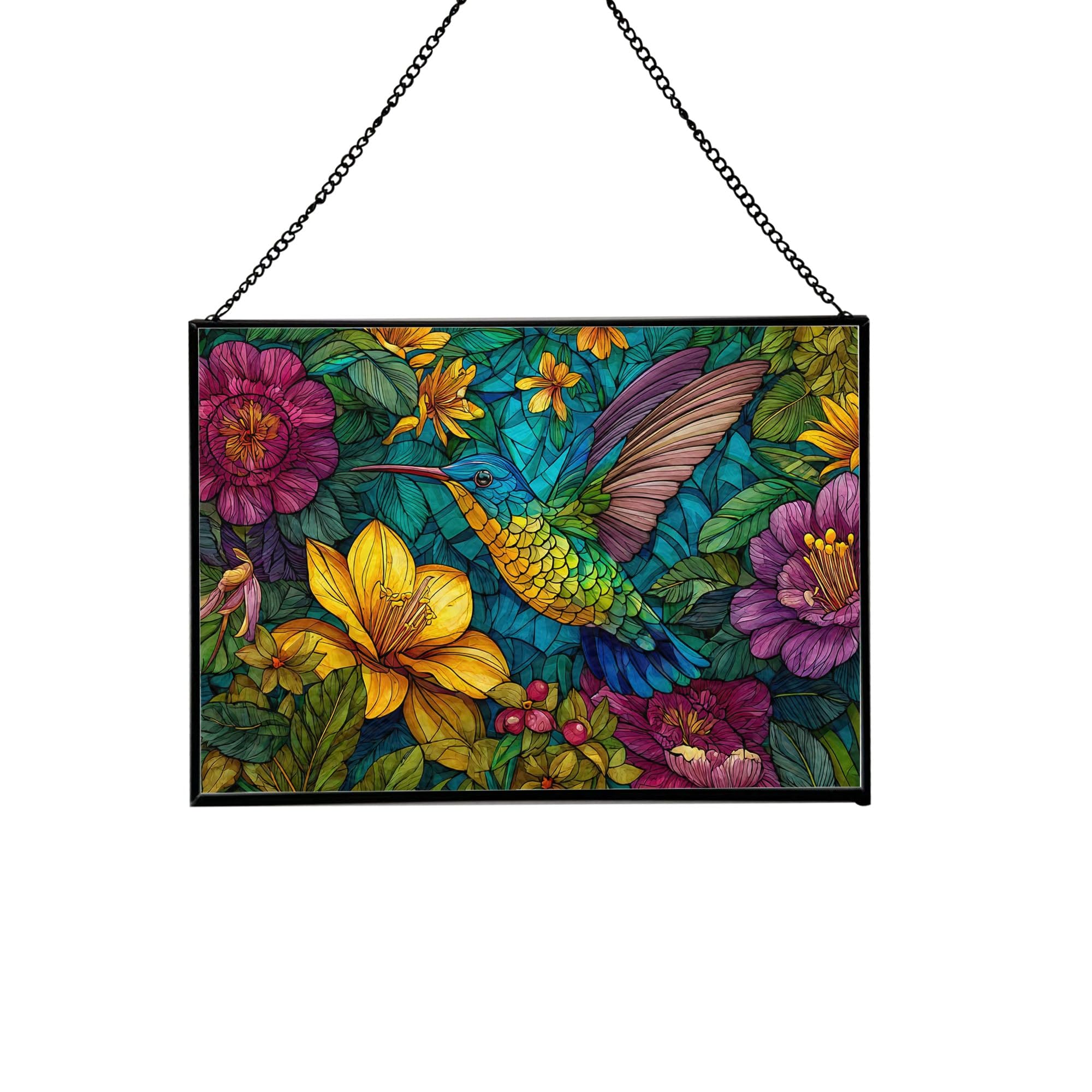 Hummingbird Darting – Tropical Bloom Animal Stained Glass Suncatcher – Rectangular Hanging Window Panel with Artistic Nature Background – Wildlife Glass Art Gift for Animal and Nature Lovers E9eD8j