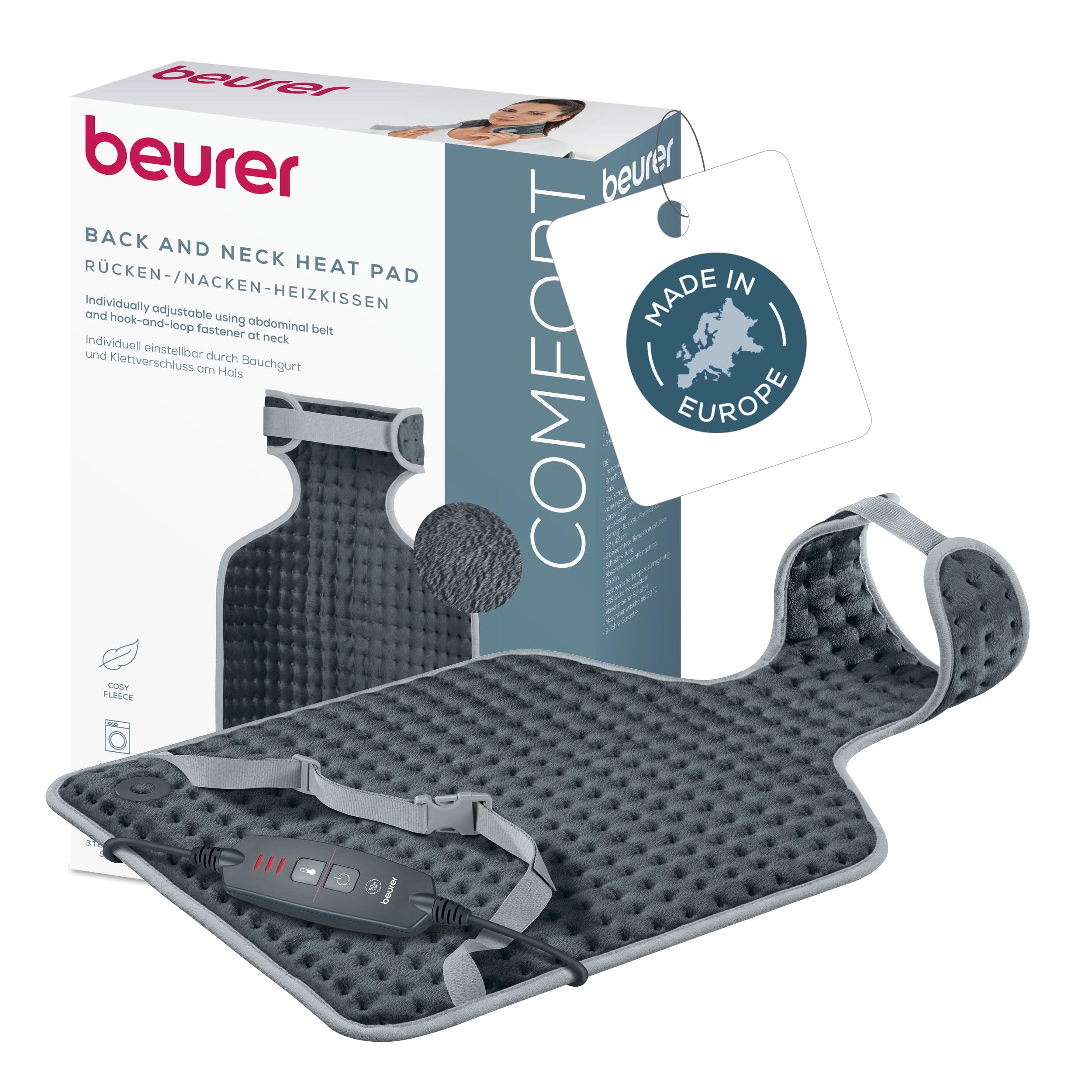 Beurer HK 64 Grey Heizkissen für Rücken & Nacken, Wärmekissen mit Schnellheizung und Abschaltautomatik in körpergerechter Form, 3 Temperaturstufen, waschbar, mit Bauchgurt & Klettverschluss