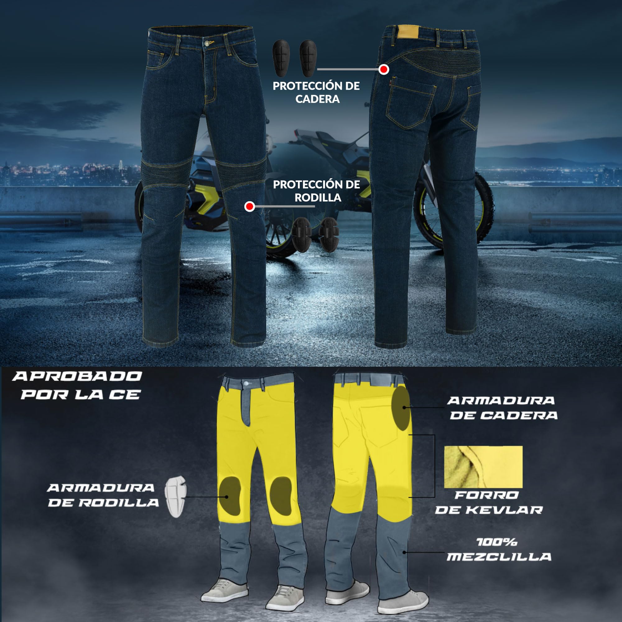 Pantalones Vaqueros de Moto para Hombre con protección de Armadura de Fibra de aramida, aprobados por la CE EN 17092-3:2020
