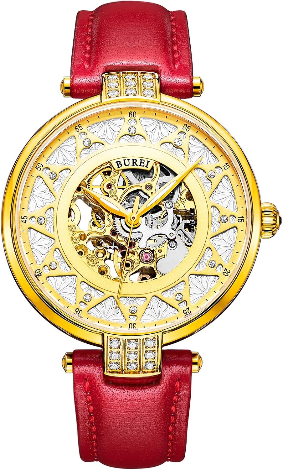 BUREI Orologio da Polso al Automatico, Donna, Movimento scheletro, disco combinatore doro, cinghia rosso pelle BUREI Orologio da Polso al Automatico, Donna, Movimento scheletro, disco combinatore doro, cinghia rosso pelle