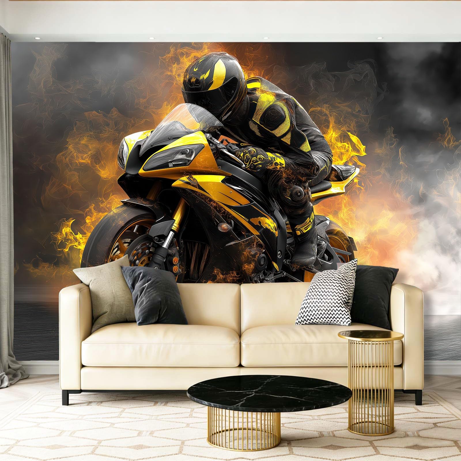 Papier peint intissé moto jaune moutarde pour chambre et salon