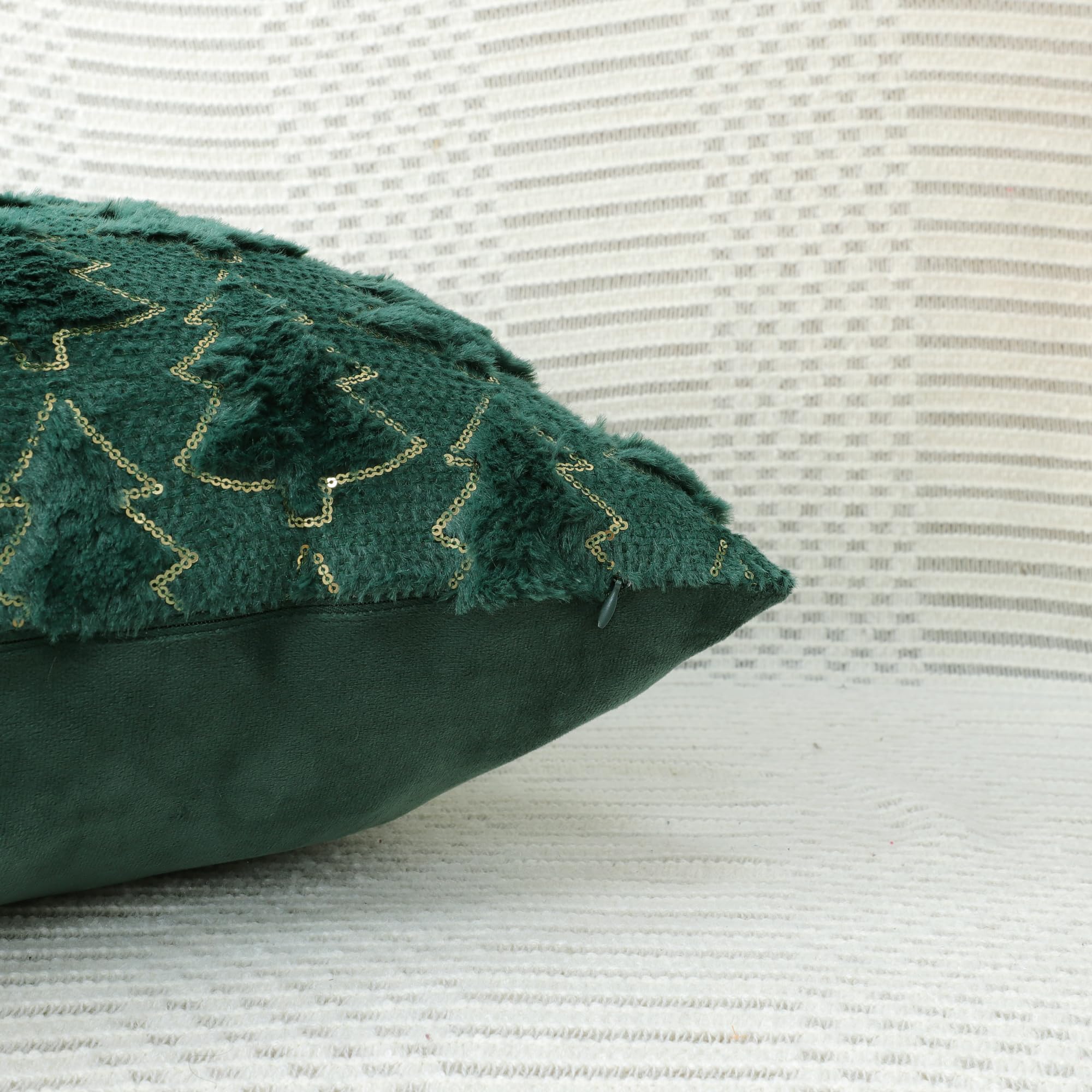 4TH Emotion Christmas Tree Decorative Pillow Covers 18x18 Set of 2, Green Soft Plush Faux Fur Farmhouse Throw Cushion Cases for Xmas Winter Holiday Home Decorations 1