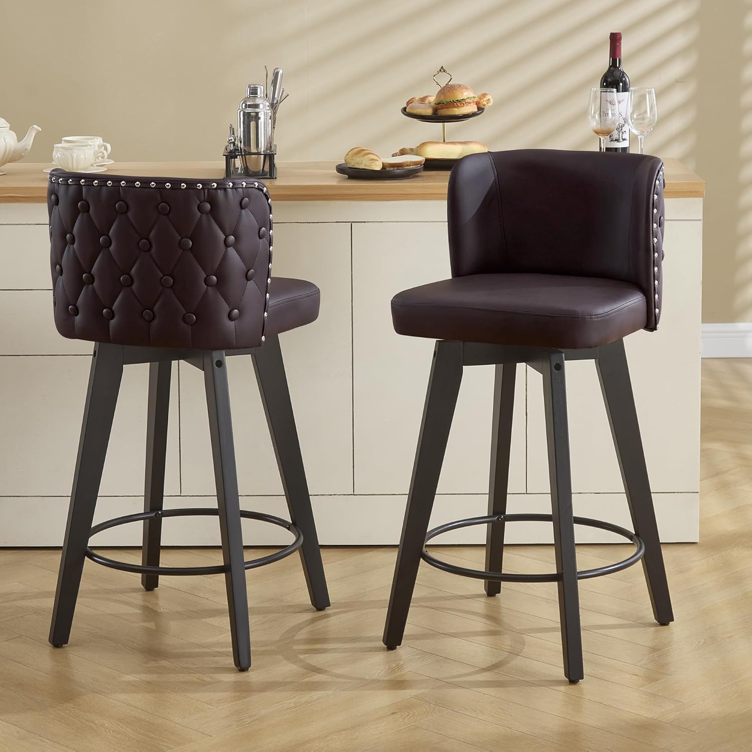 Dorlicecass Brown Bar Stools- 360 Swivel Bar Stools with Back Faux Leather Button-Tufted Backrest Solid Wood Legs 27.5" H Seat Set of 1
