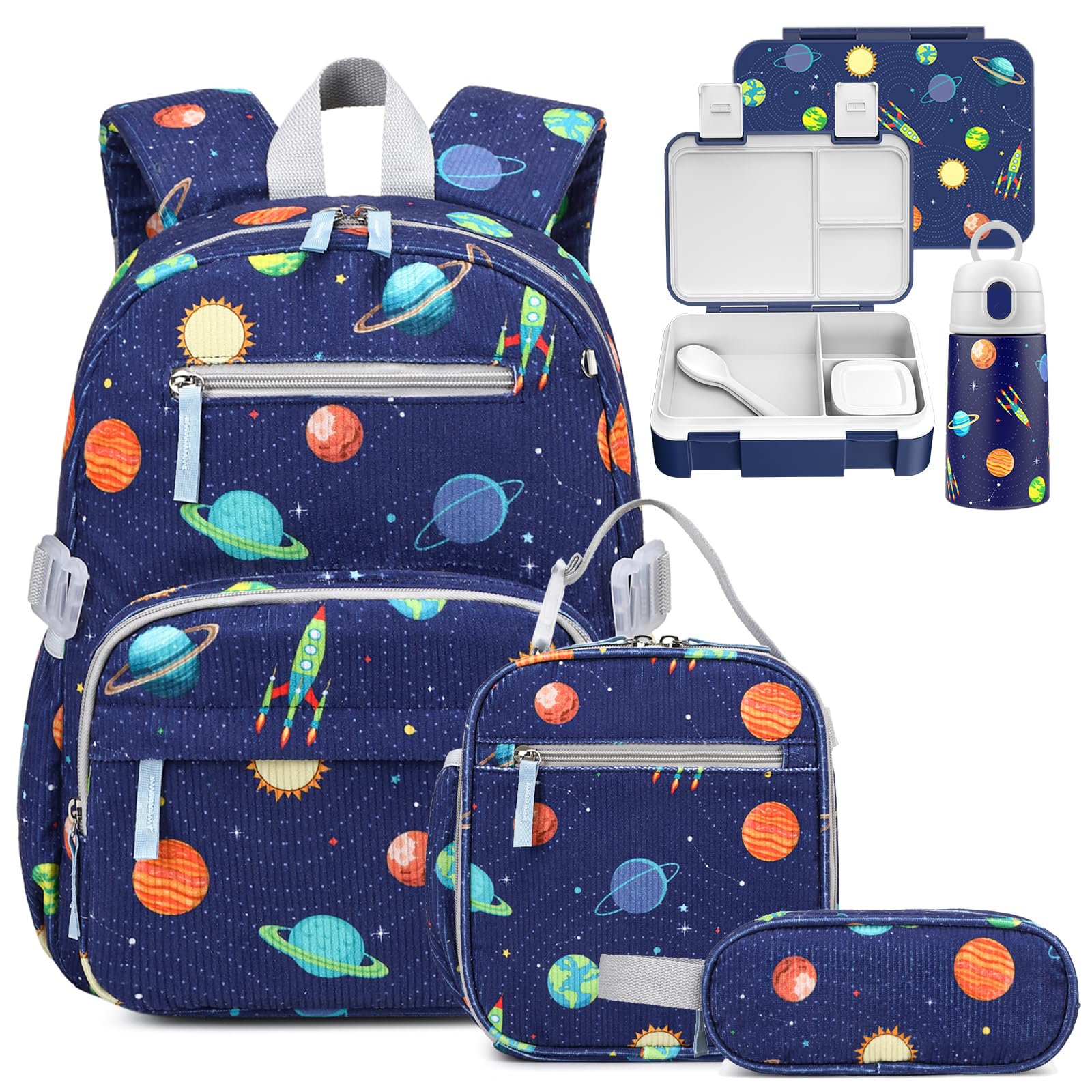 Similove Corduroy Toddler Backpack for Boys Age 4-7 with Bento Box & 13oz Insulated Water Bottle - 5PCS 15inch Boys Backpack for Preschool Kindergarten Daycare - Back to School Gift(Blue Starry)