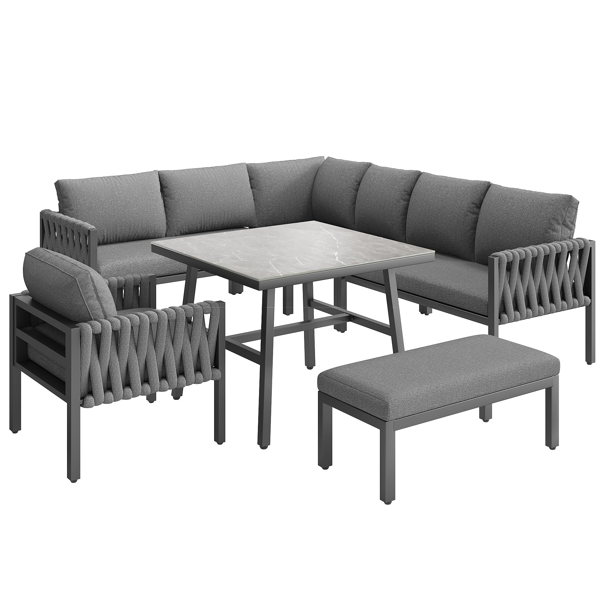 Sapgaks Ensemble de Salon de Jardin extérieur 7/8 Personnes en Corde avec Structure en Fer galvanisé,Pieds réglables,canapé d'angle+Table+Banc + Fauteuil,Plateau de Table en Verre trempé (C-Gris)