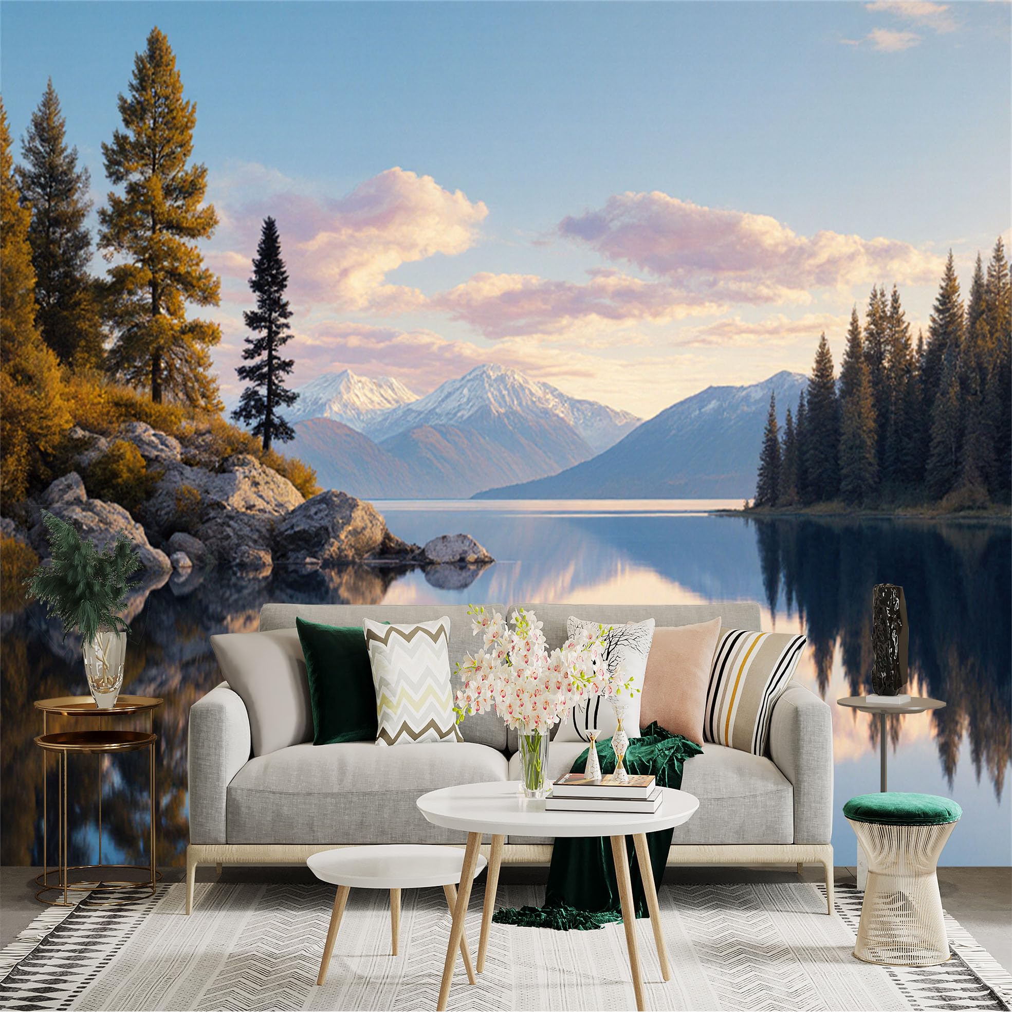 Custom Size Wall Sticker Mural， Serene Alpine Lake， Snowy Mountain Peaks， Pine Forest Reflection， Golden Hour Landscape， for wall Decoration， peelandstick wall Decals.
