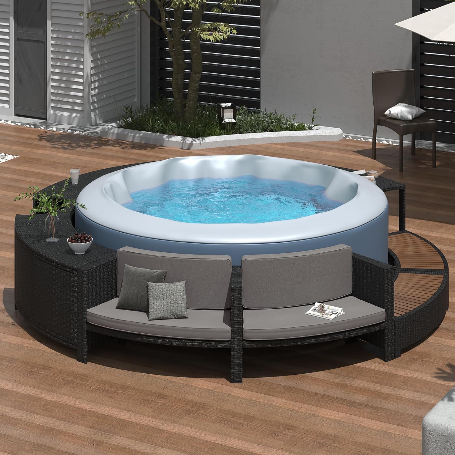 LUMISOL Spa Surround Spa Frame, Patio Rattan Sofa Set with Storage Spaces and Wood Seats, Sofa with Comfortable Cushion for Free Combination, Round Surround Sofa Set for Backyard Poolside Garden, Gray